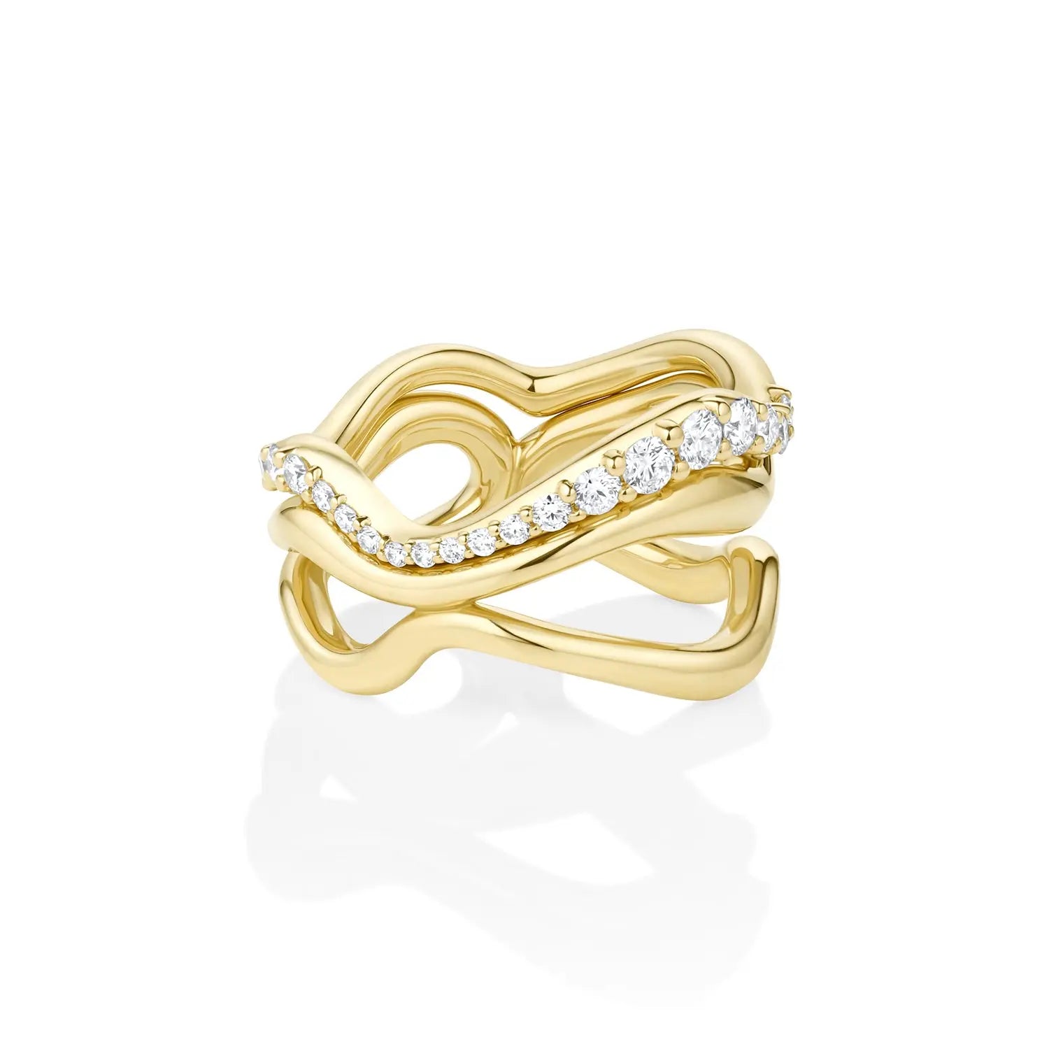 Curved Freeform Gold Ring stacked with Curved Pave White Diamond Ring