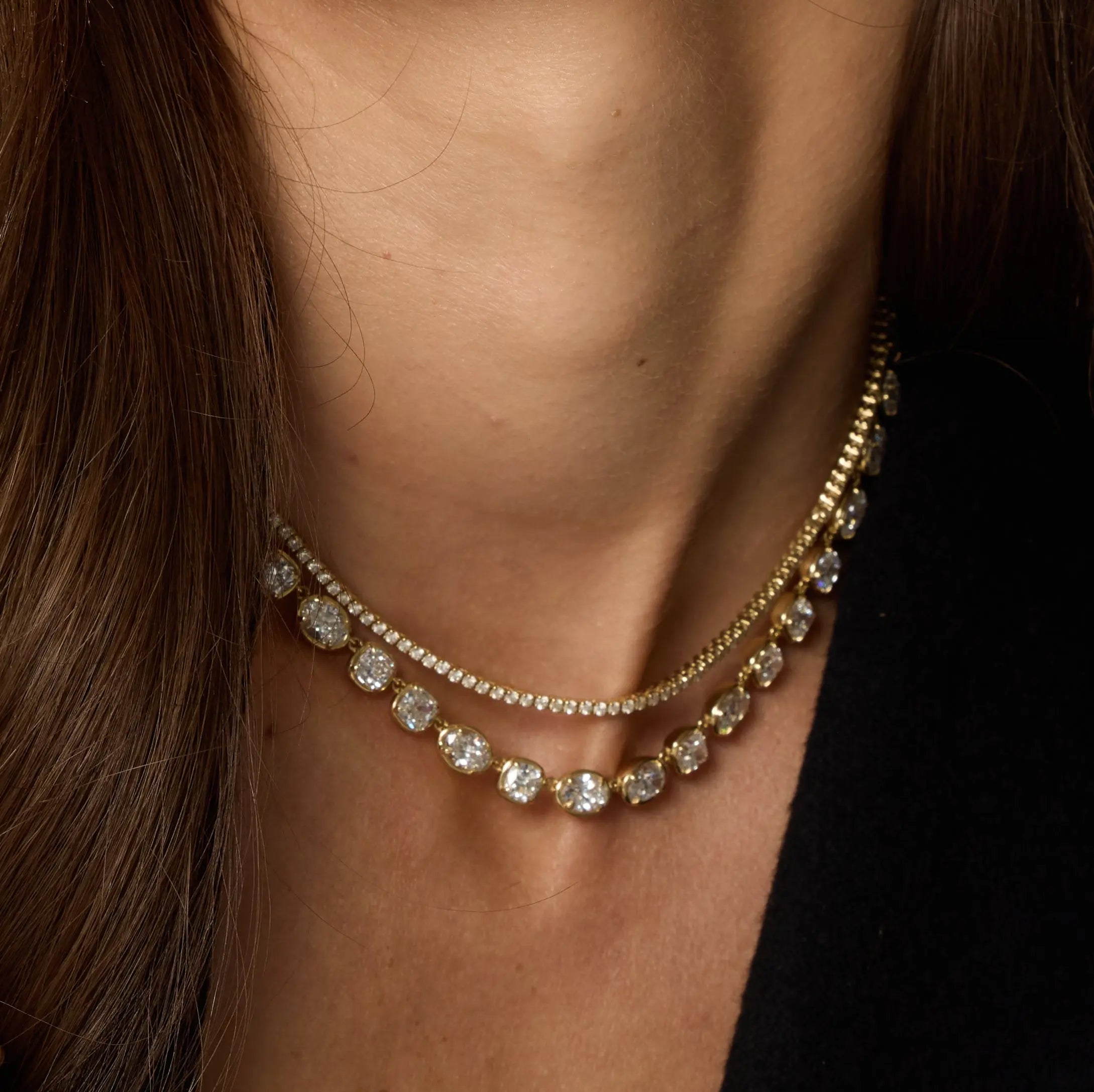 Close up of woman wearing Lisse Tennis Necklace