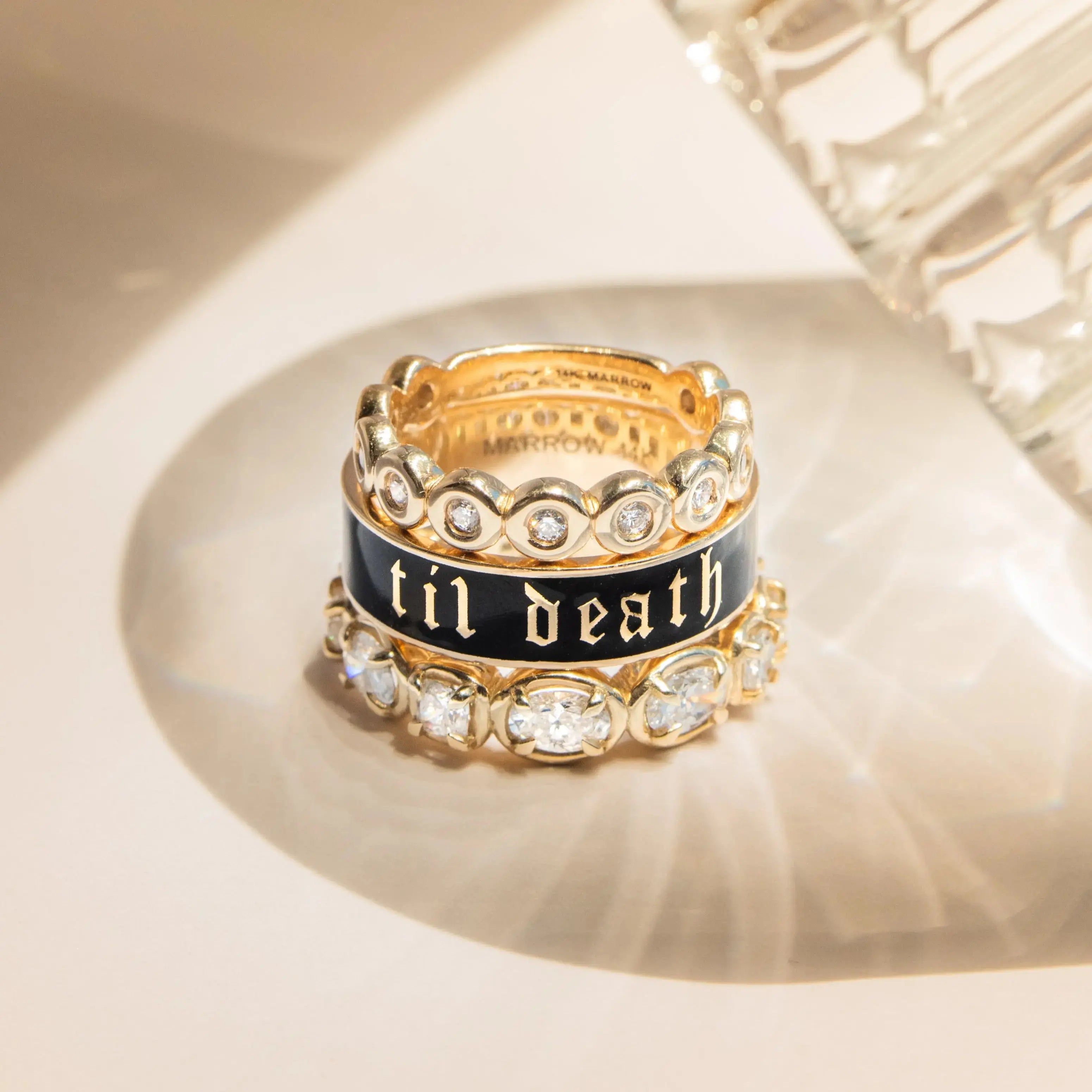 Flat lay stack of Til Death Black Enamel Band + White Diamond Billie Band + Lisse Eternity Band