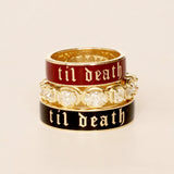 Flat lay of Til Death Cherry Mocha + Lisse Band + Til Death Black Enamel