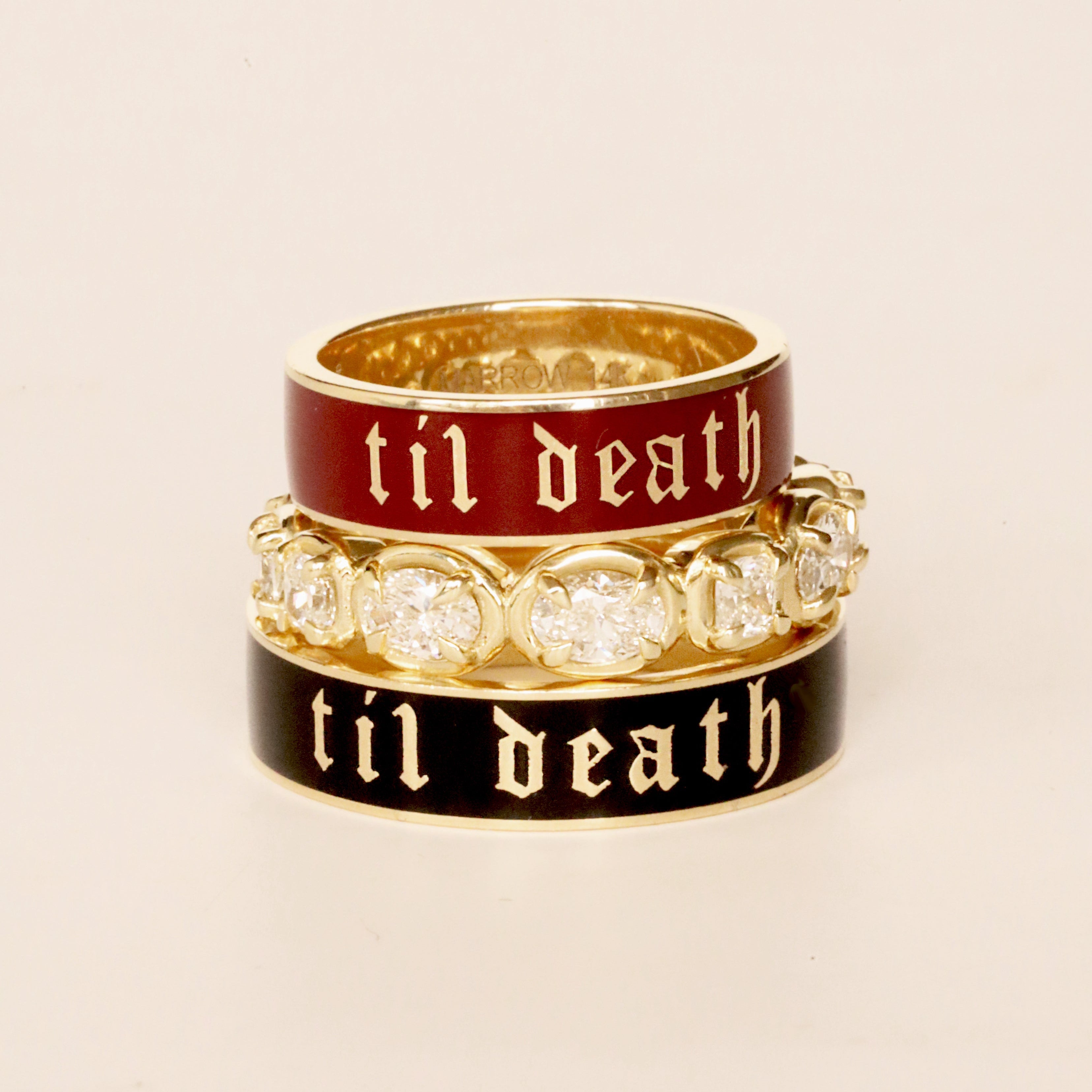 Flat lay of Til Death Cherry Mocha + Lisse Band + Til Death Black Enamel