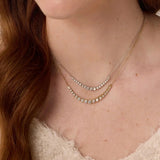 Close up of woman's décolletage spotlighting the Venus White Diamond Graduated Necklace and The Naomi White Diamond Graduated Necklace