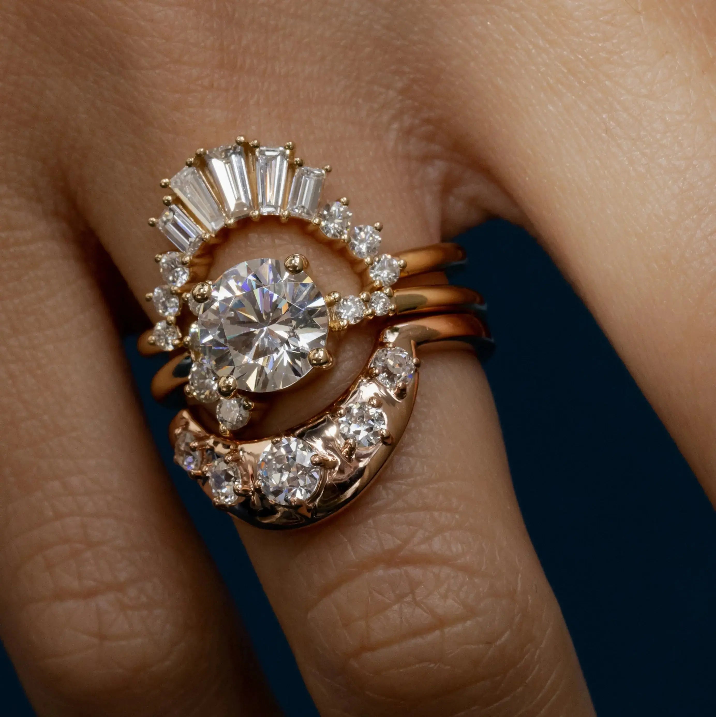 White Diamond Crescendo Stacking Band close up on hand