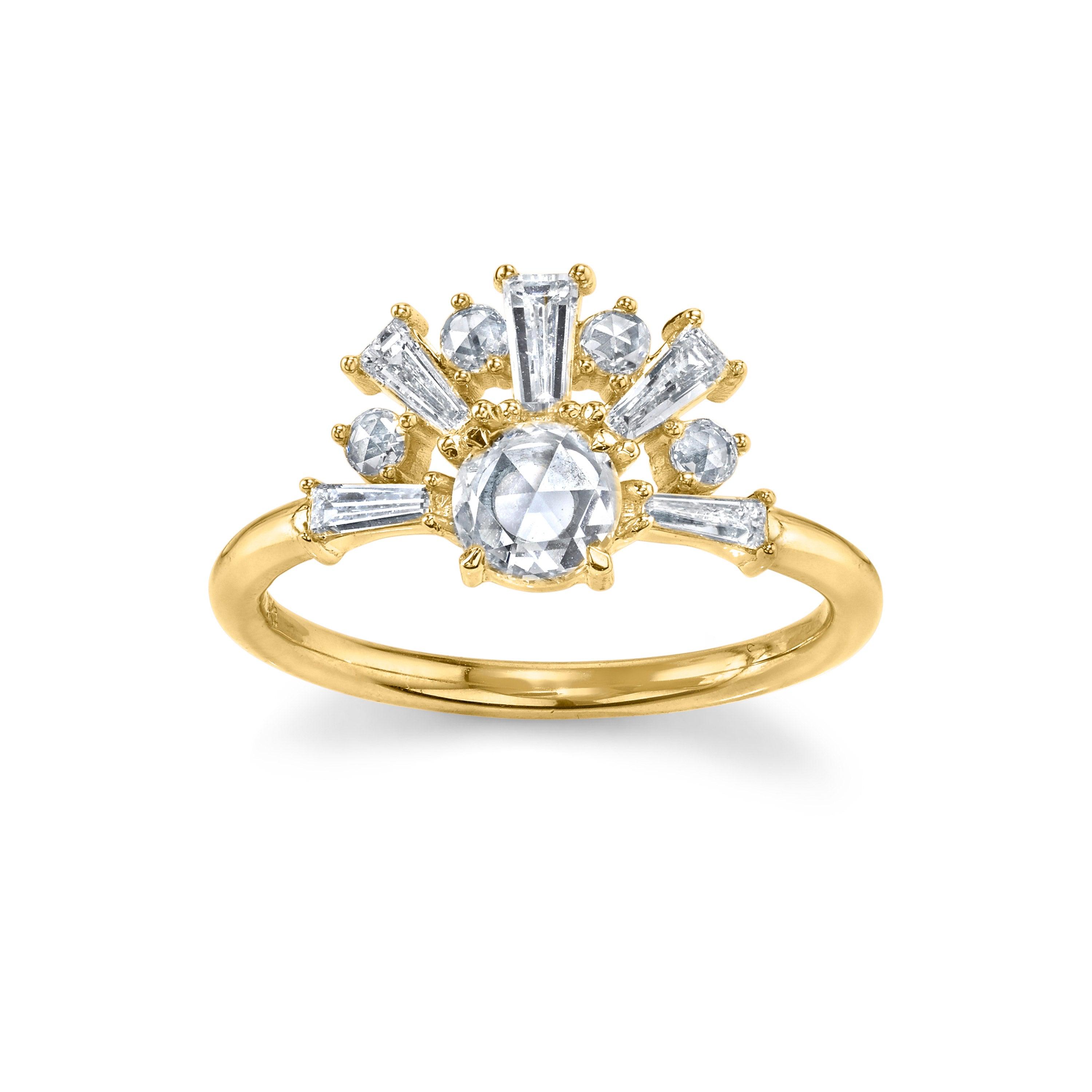 Art Deco Sunrise Ring Tapered Baguette White Diamond Ring 14K Yellow Gold 3.25 by Marrow Fine