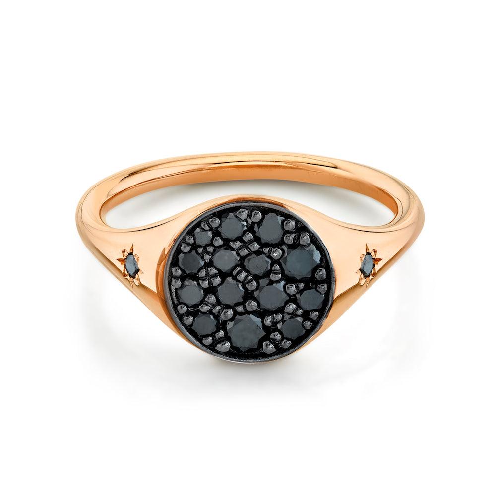 Marrow Fine Jewelry Black Diamond New Moon Phase Signet Ring with Stars