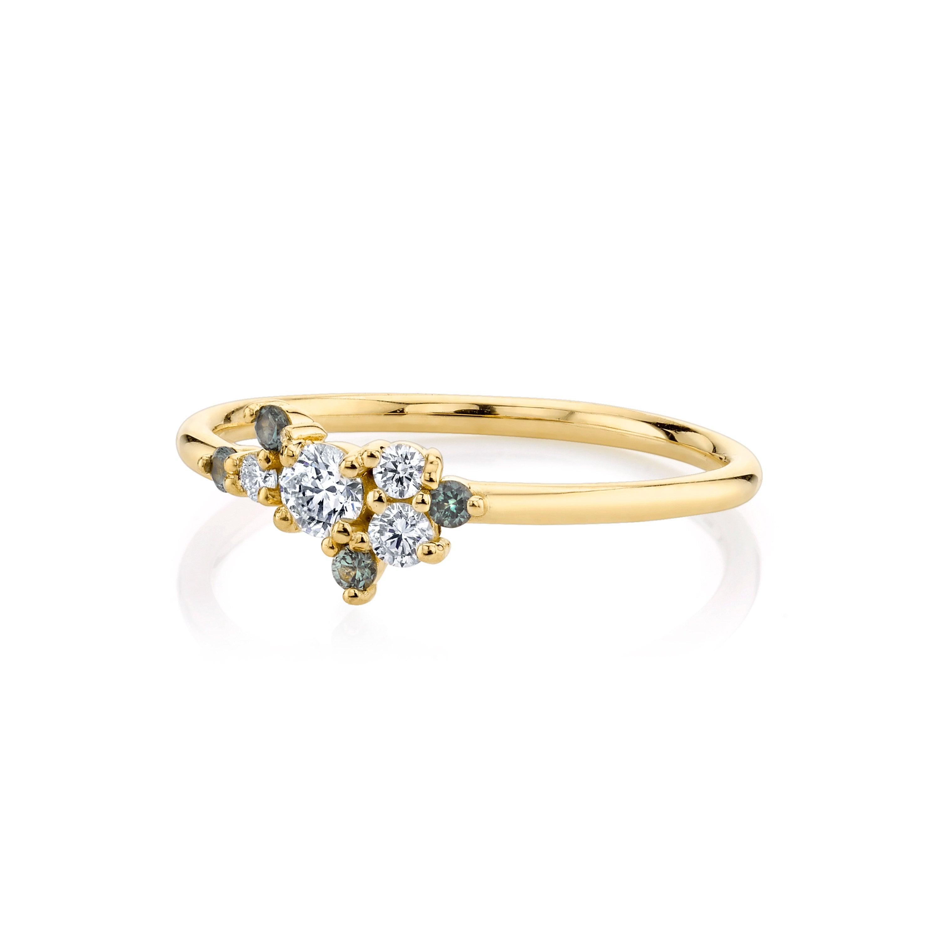 Marrow Fine Jewelry White Diamond & Green Sapphire Mini Cluster Vintage Inspired Stacking Ring