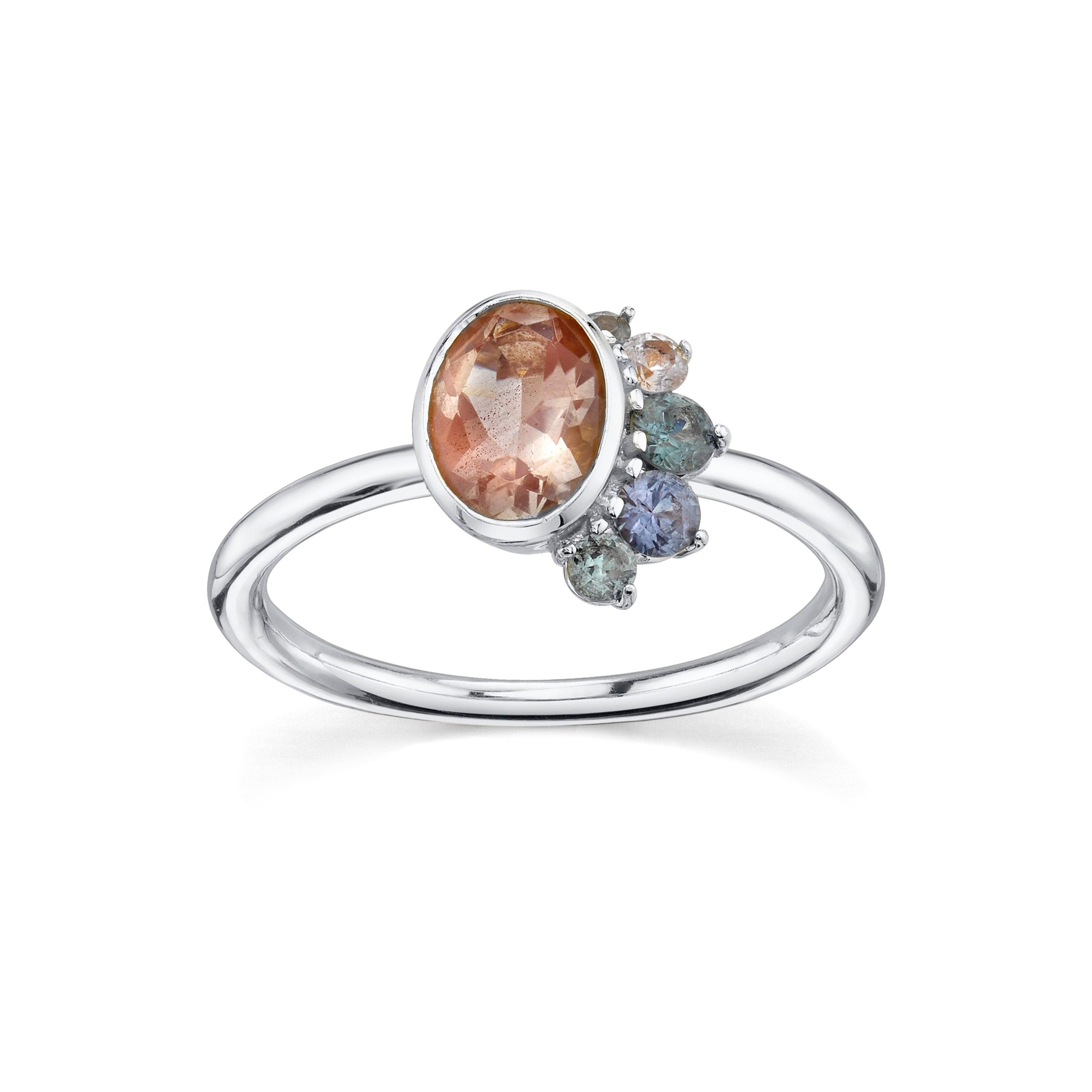 Marrow Fine Jewelry Bezel Set Oregon Sunstone And Montana Sapphire Spray Ring