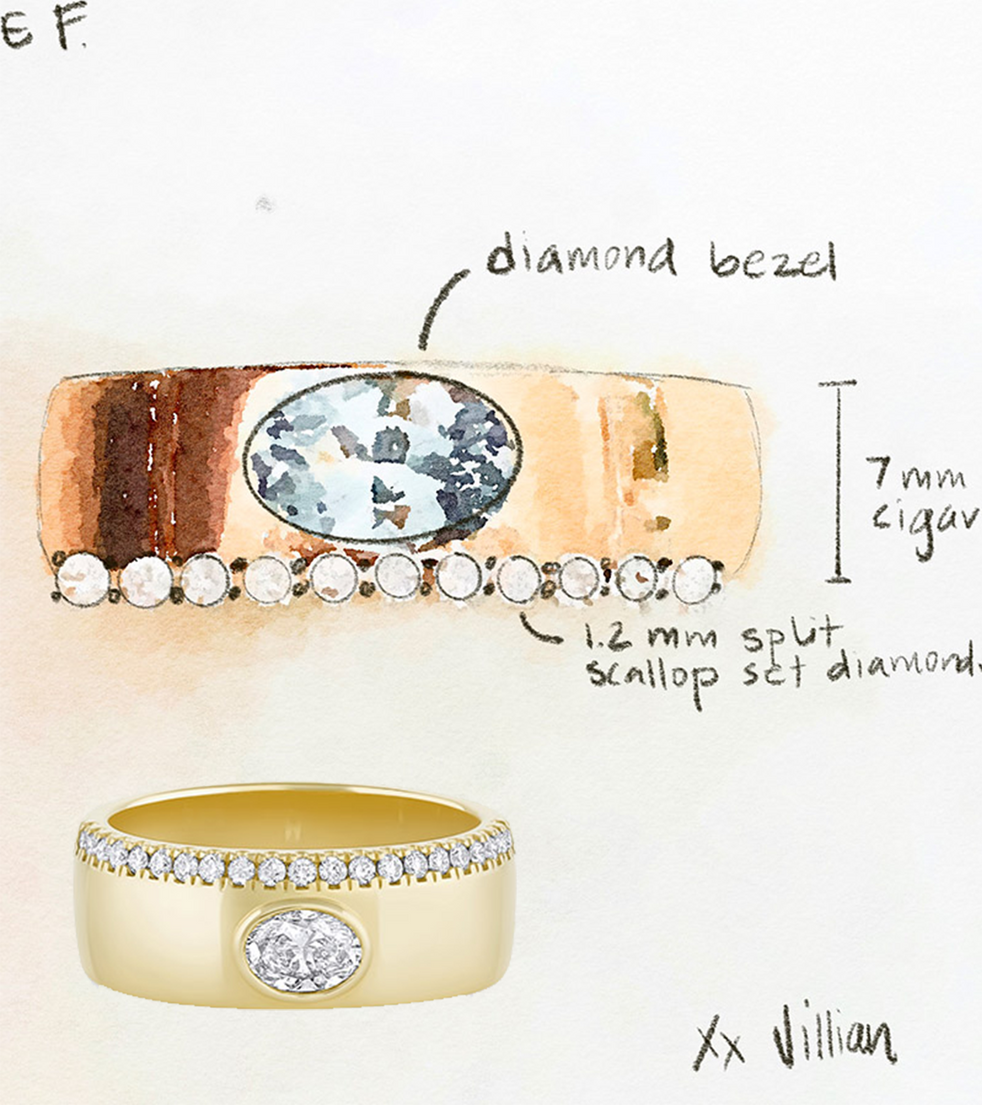 sketch of a custom Marrow Fine diamond bezel ring alongside the final rendering