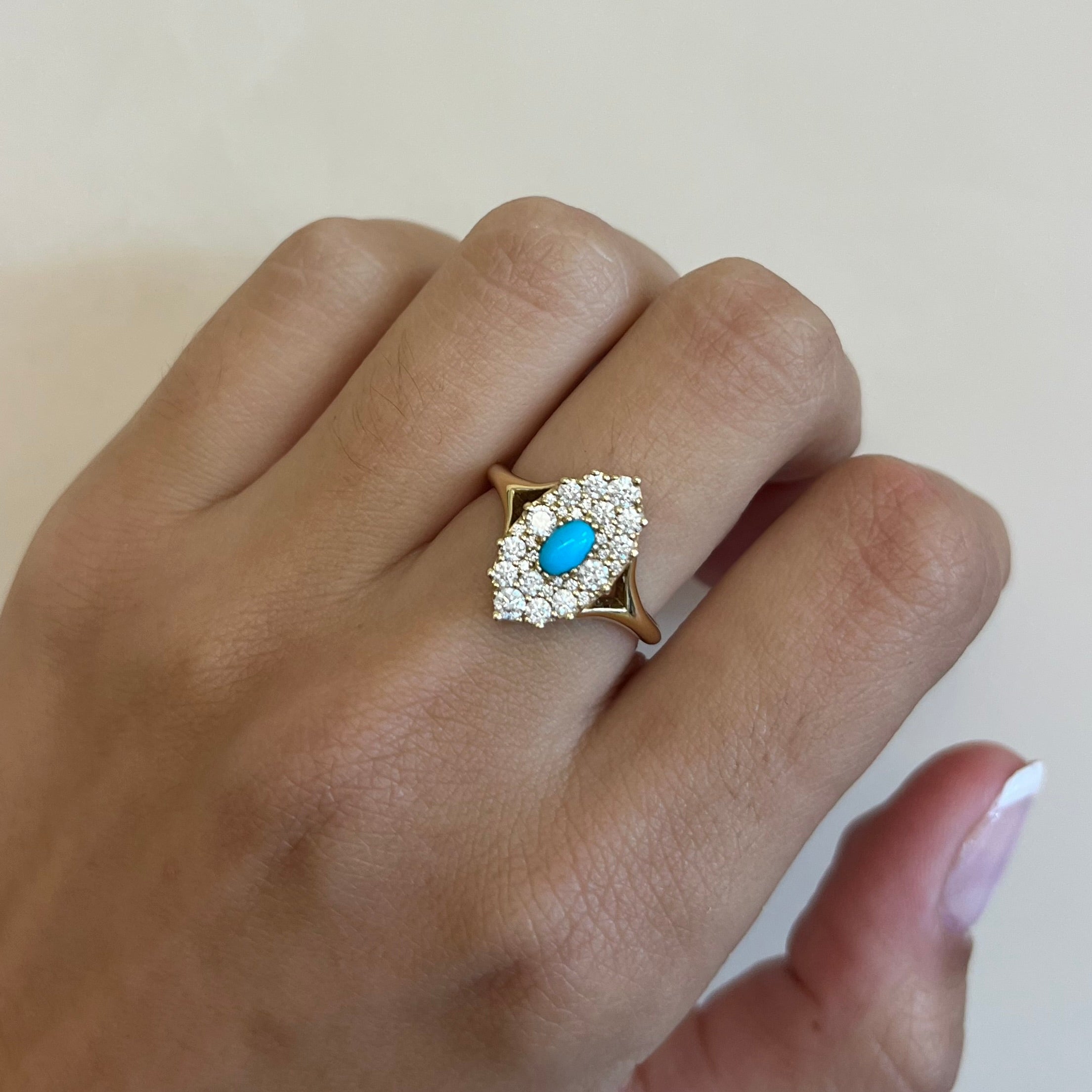.21ct Turquoise & White Diamond Navette Ring [on hand]