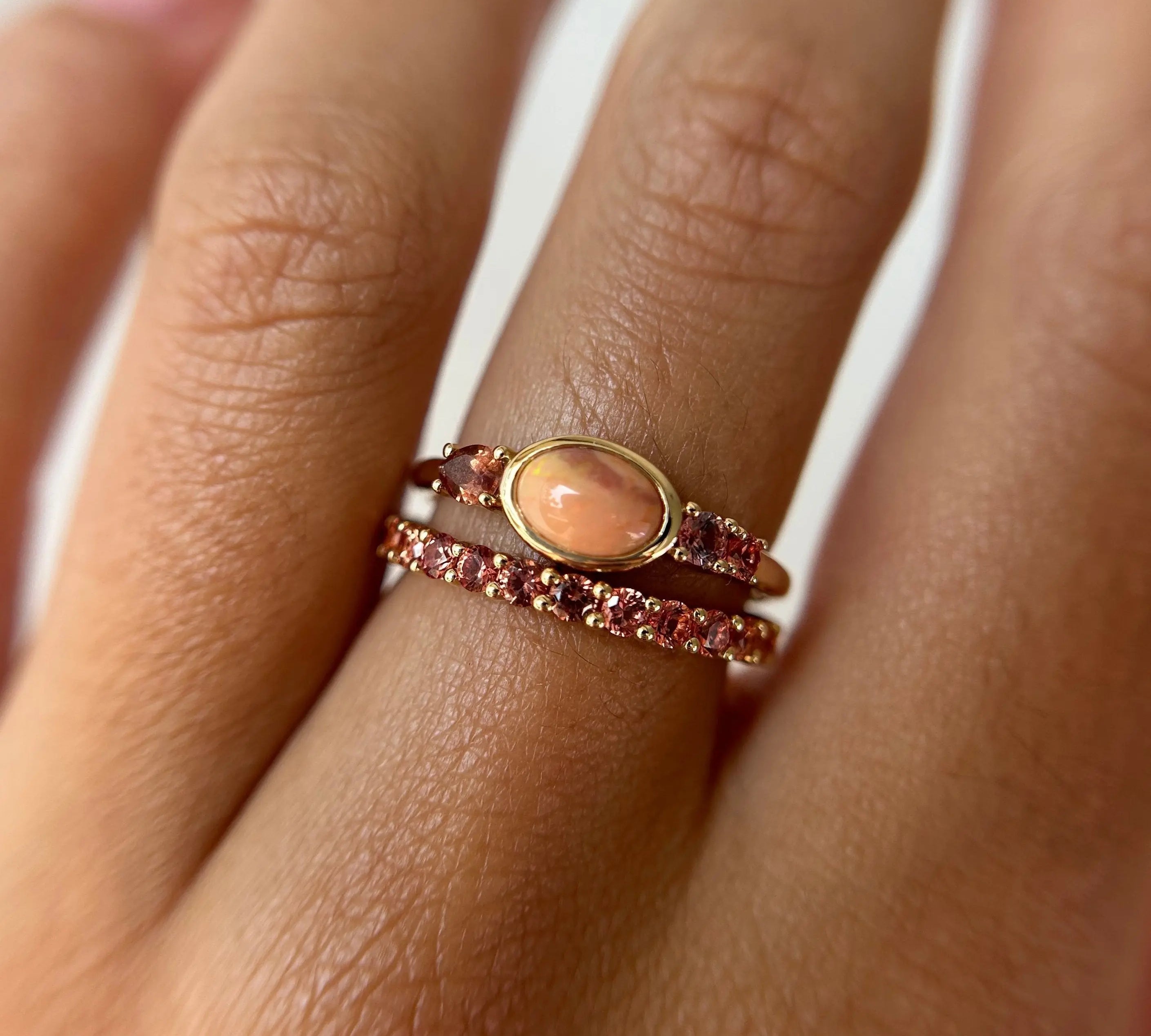 0.49ct Mexican Fire Opal and Sapphire Linear Ring with Sapphire Laurel Band [on hand]