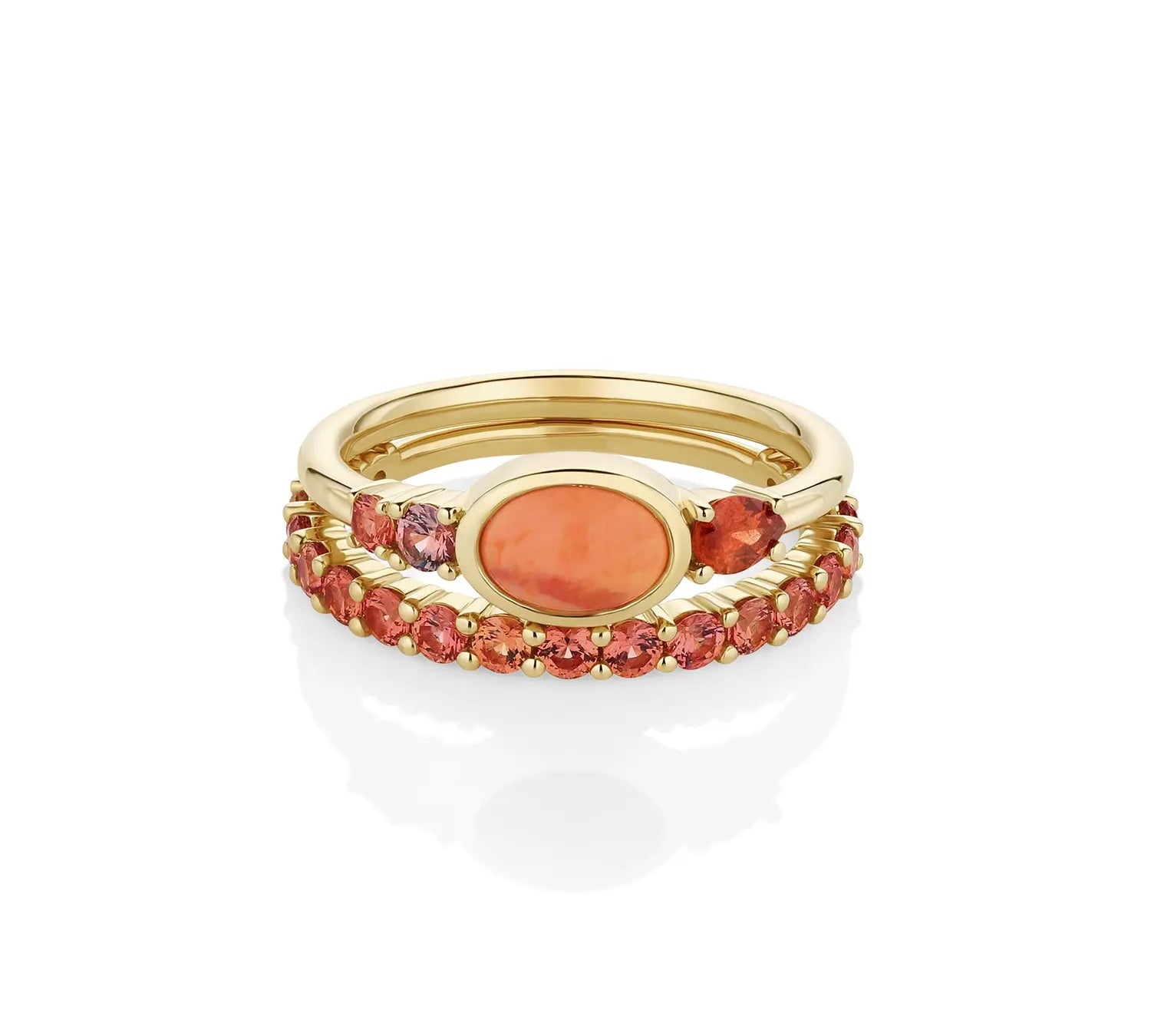 0.49ct Mexican Fire Opal and Sapphire Linear Ring with Sapphire Laurel Band [front flat lay]