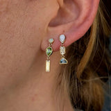 0.35tcw Diamond, 0.94tcw Peridot and Opal Earrings, 0.53tcw Opal Bezel Set Dangle Earrings [on ear]