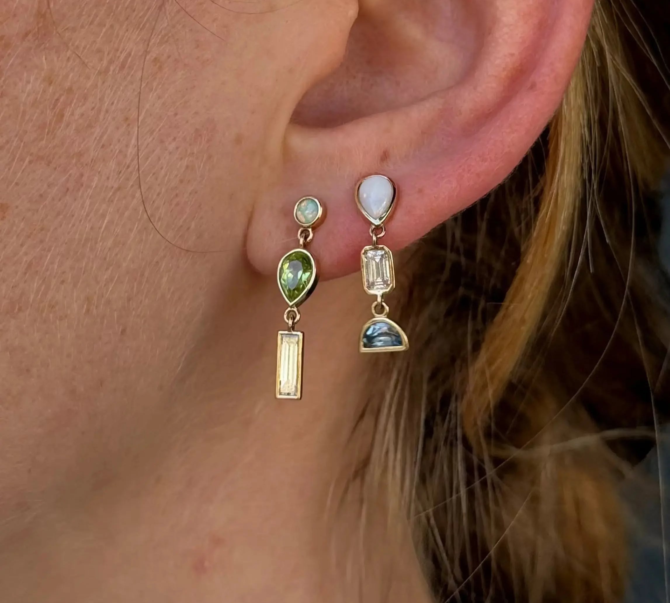 0.35tcw Diamond, 0.94tcw Peridot and Opal Earrings, 0.53tcw Opal Bezel Set Dangle Earrings [on ear]