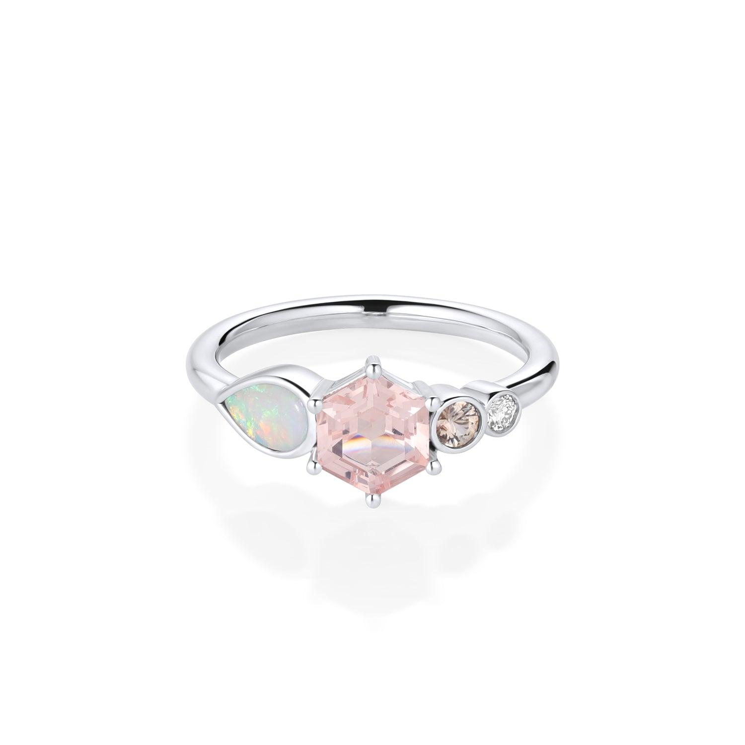 0.74ct Morganite Hexagon and Opal Linear Ring - Marrow Fine