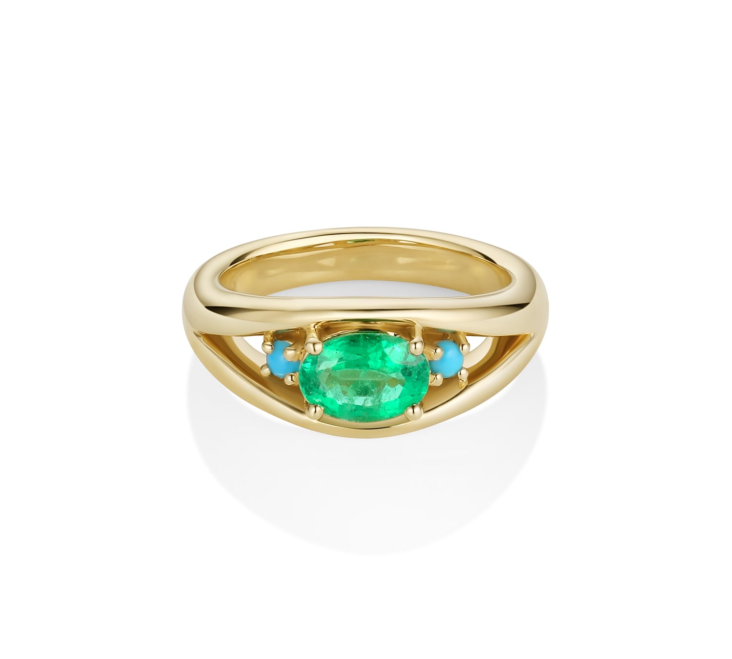 0.74ct Oval Emerald and Turquoise Open Bombe Ring