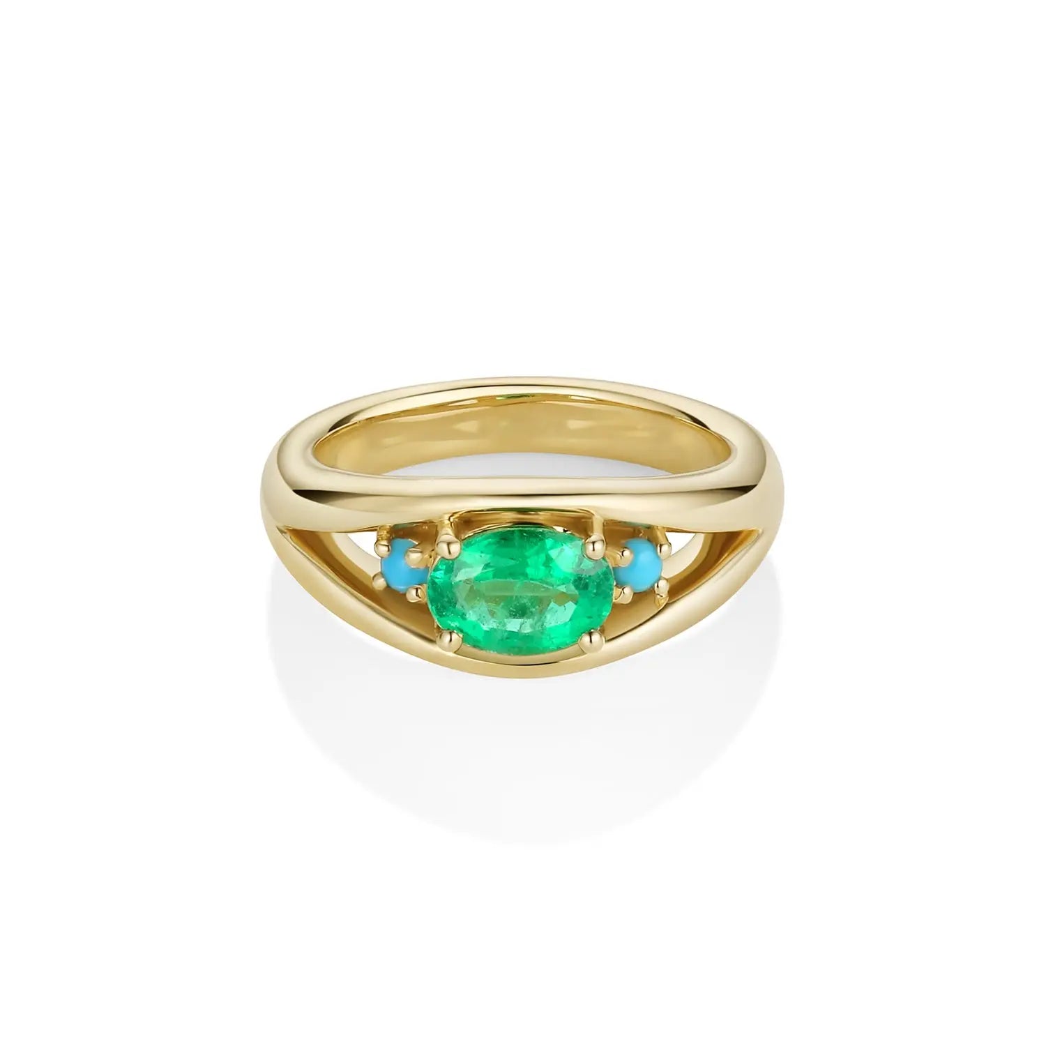 0.74ct Oval Emerald and Turquoise Open Bombe Ring