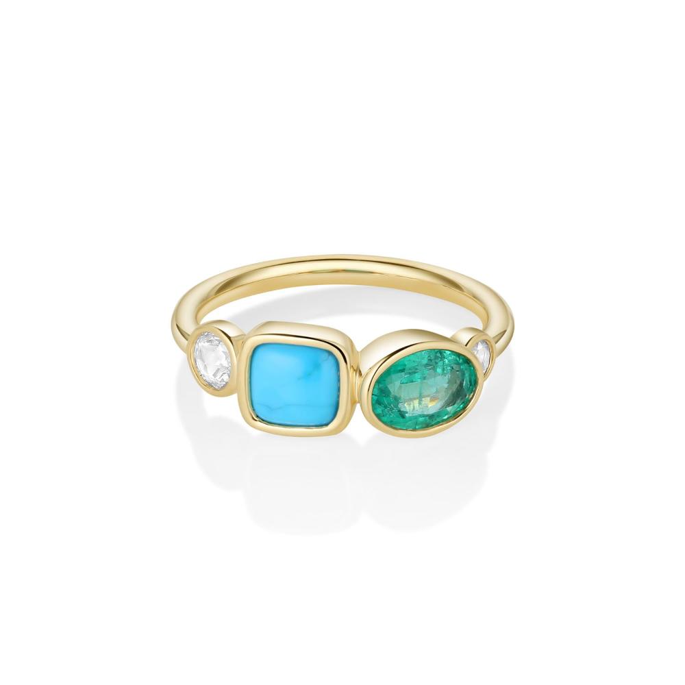 0.77ct Emerald, 0.81ct Turquoise and Rose Cut Diamond Ring [front view]