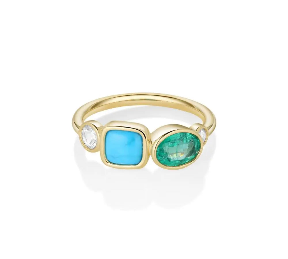 0.77ct Emerald, 0.81ct Turquoise and Rose Cut Diamond Ring [front view]