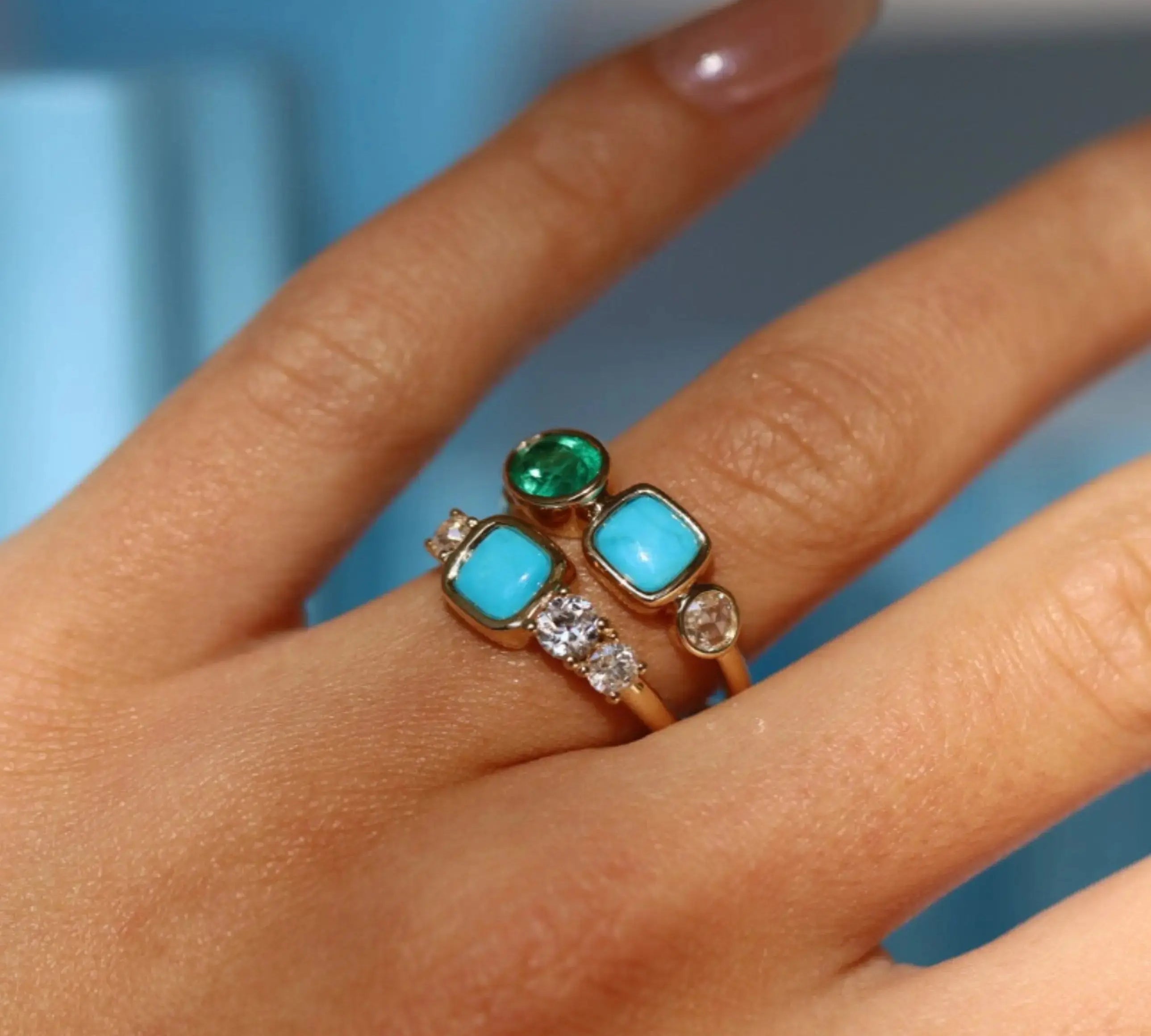 0.77ct Emerald, 0.81ct Turquoise and Rose Cut Diamond Ring [on hand]