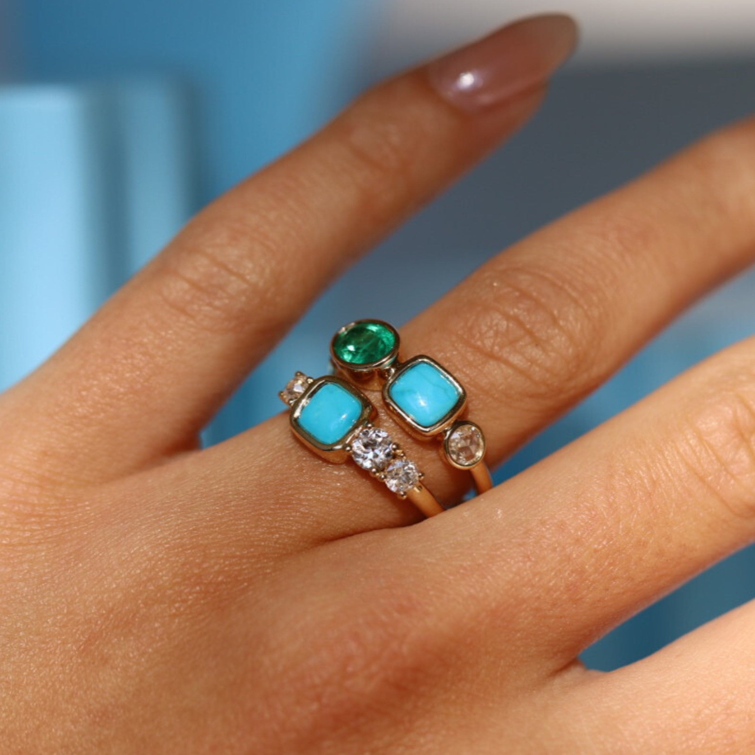 0.77ct Emerald, 0.81ct Turquoise and Rose Cut Diamond Ring [on hand]