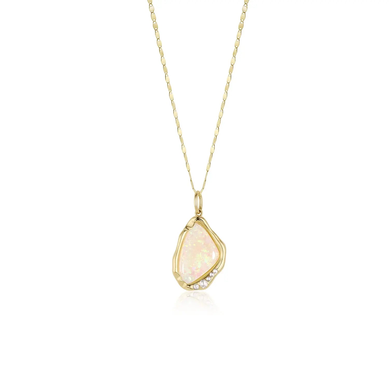 3.89ct Opal and Rose Cut Diamond Pendant – Lightning Ridge opal in an abstract 14k gold bezel on an 18 inch chain, by Marrow Fine
