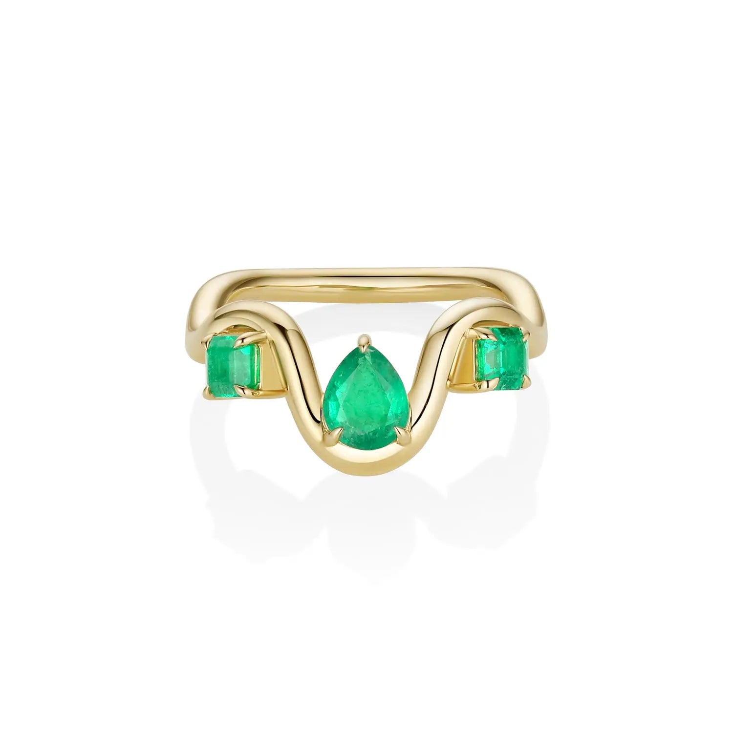 0.99tcw Emerald Arno Band – pear and emerald cut Zambian emeralds in 14k yellow gold, by Marrow Fine