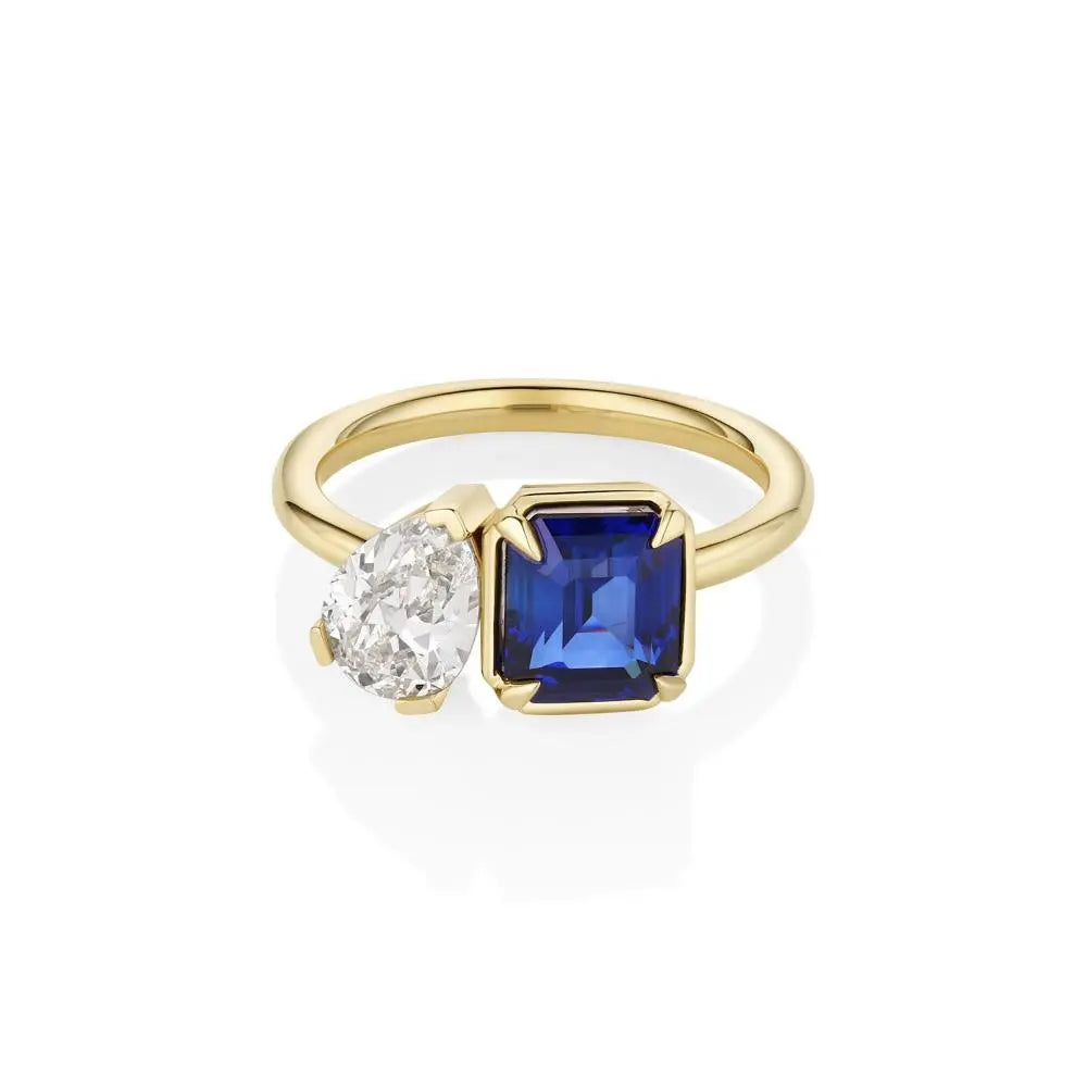 1.02ct Pear Shape Diamond and 2.09ct Sapphire Toi et Moi – blue sapphire and diamond engagement ring in 14k yellow gold, by Marrow Fine [front flat lay]