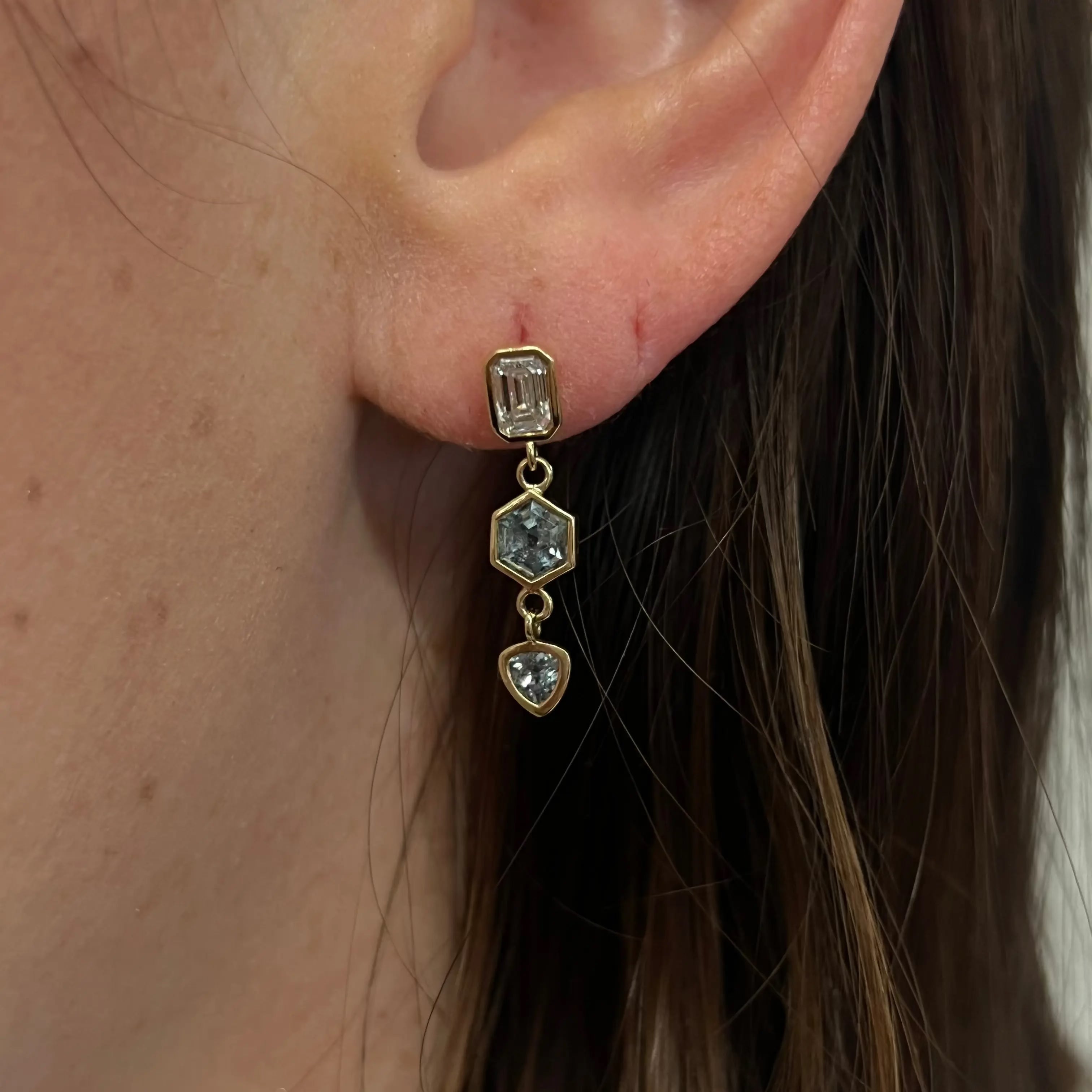 1.08tcw Sapphire and Diamond Bezel Set Dangle Earrings [on ear]