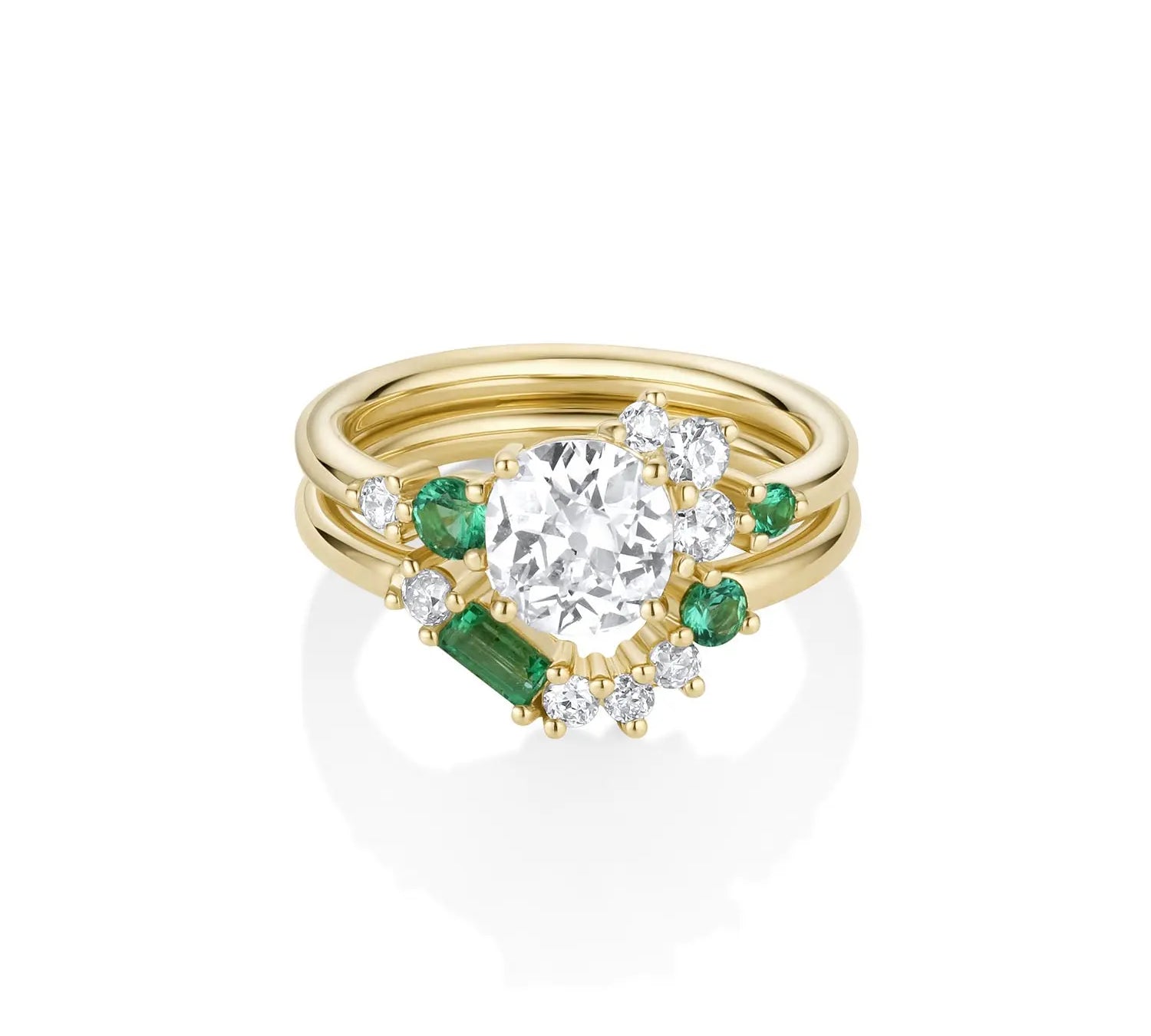 1.21ct Old Mine Diamond Spray Ring with Emeralds and Tracer band