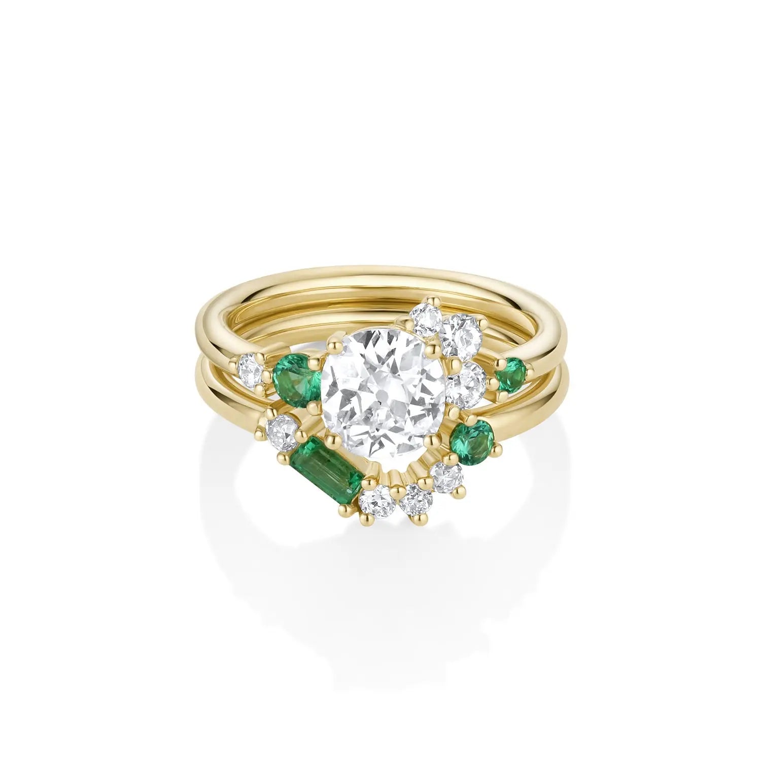1.21ct Old Mine Diamond Spray Ring with Emeralds and Tracer band