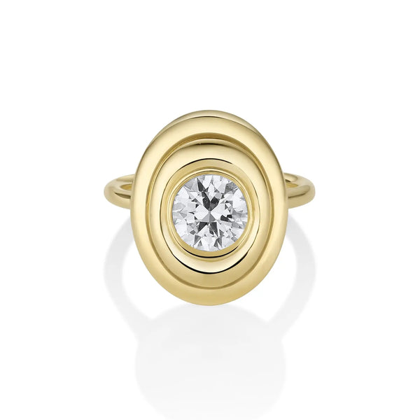 1.26ct Diamond In-Orbit Ring – round diamond in a double bezel, 14k yellow gold, by Marrow Fine