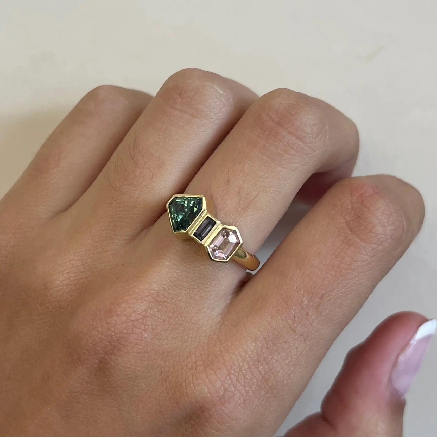 1.40ct Teal Sapphire & Tourmaline Linear Ring [on hand]