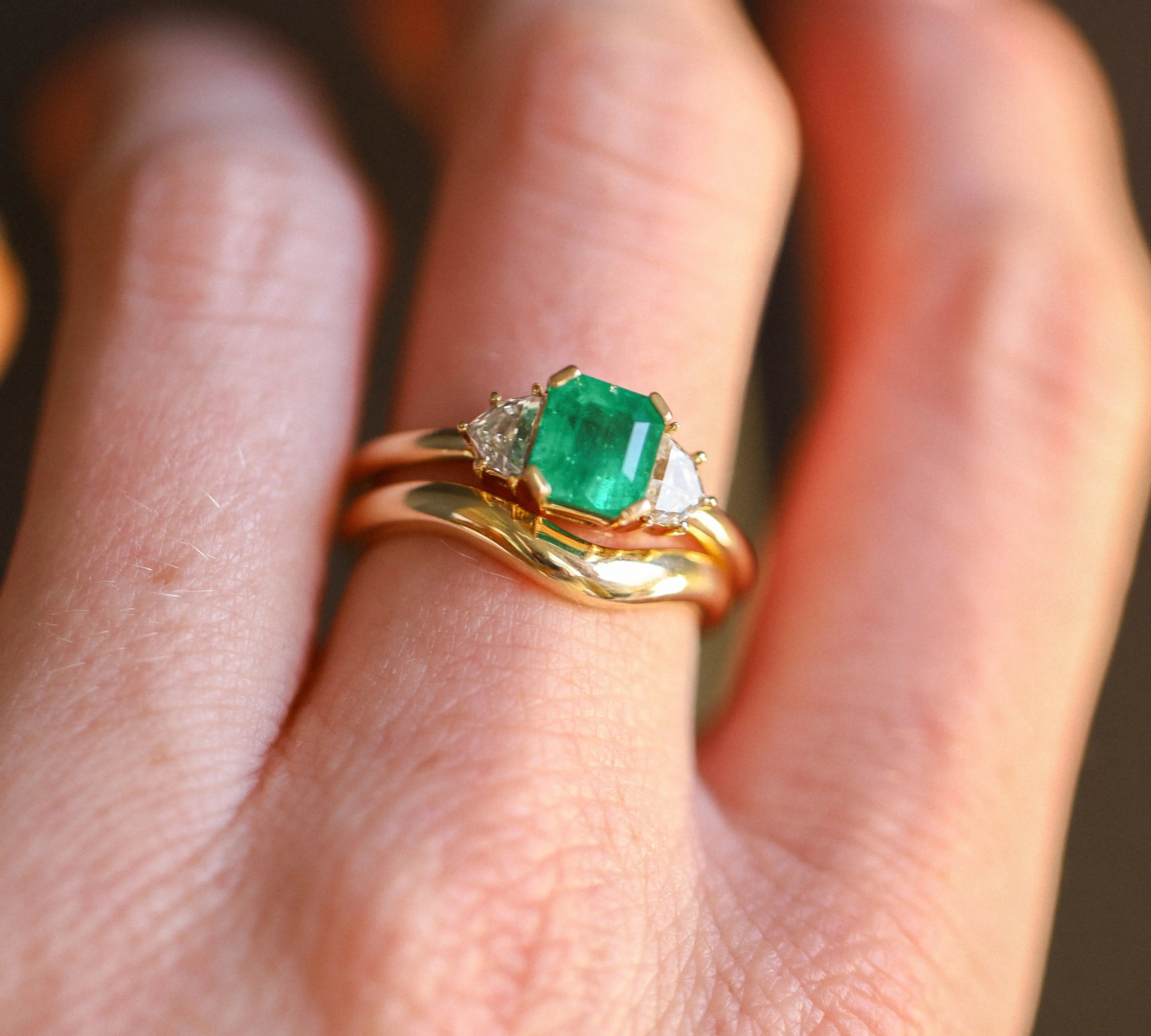 1.41ct Colombian Emerald and Diamond Three Stone Ring on hand