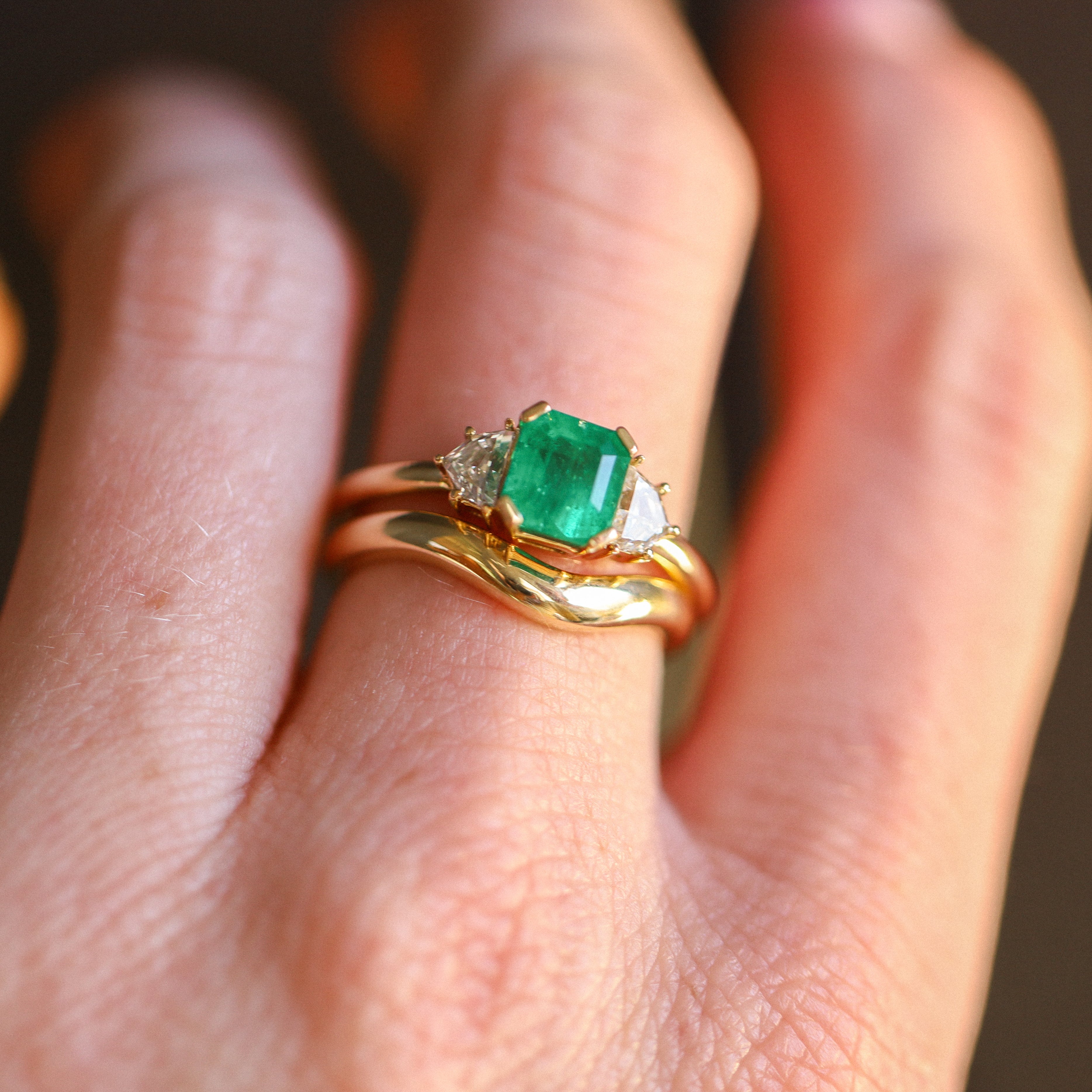 1.41ct Colombian Emerald and Diamond Three Stone Ring on hand
