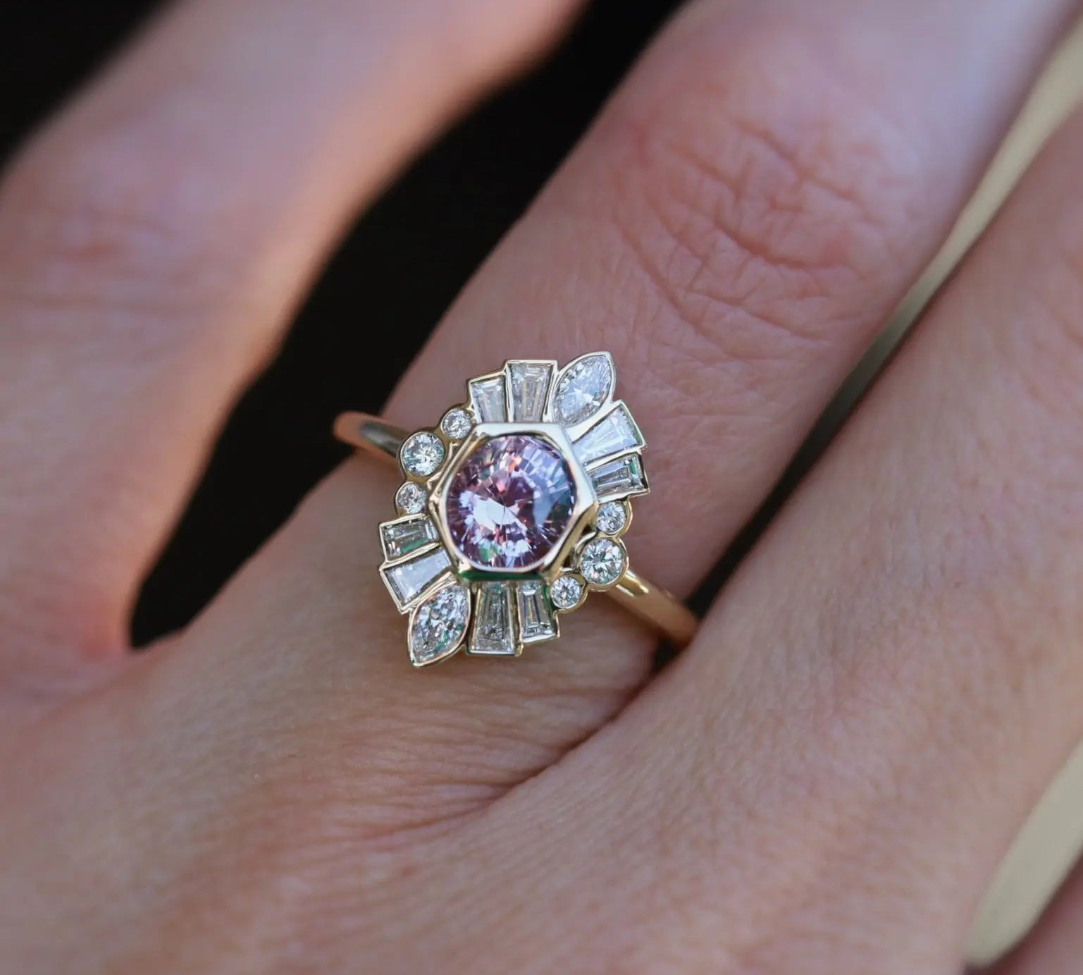 Close up of 1.55ct Sapphire Stella Ring on hand