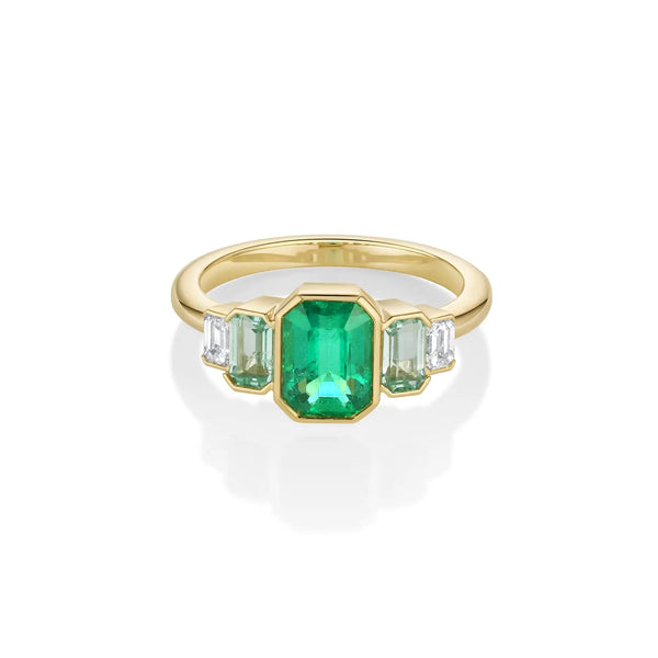 1.57ct Emerald, Beryl, and Diamond 5 Stone Ring Marrow Fine