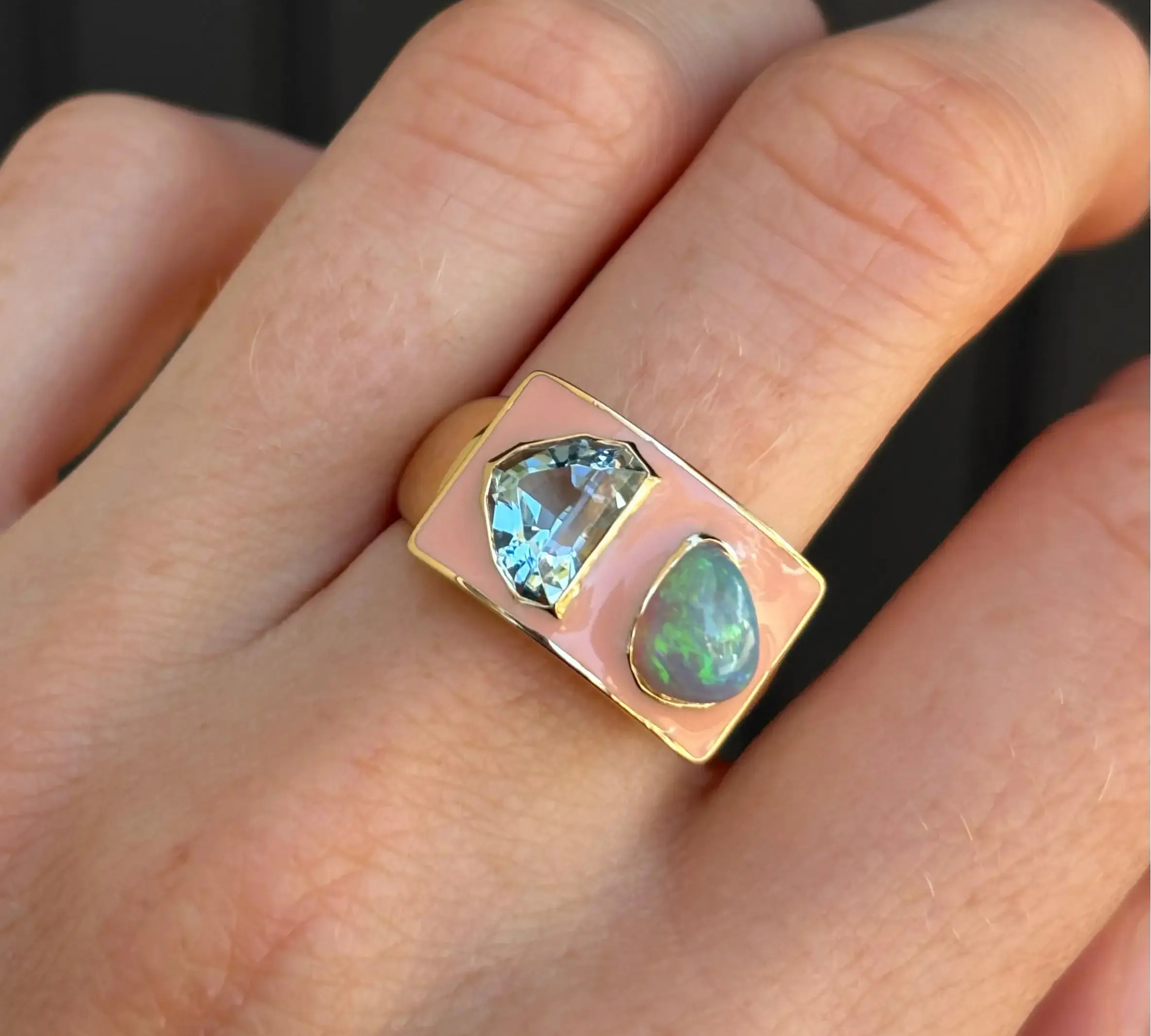 Gold ring with melon enamel and Aqua and Opal gemstones