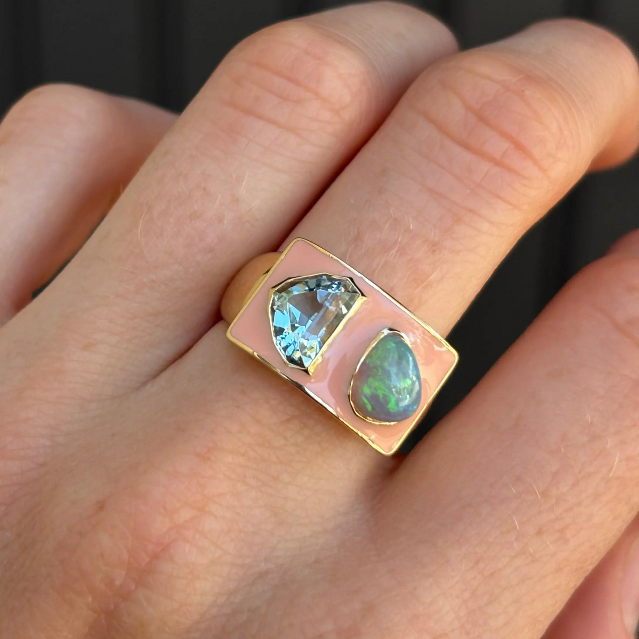 Gold ring with melon enamel and Aqua and Opal gemstones