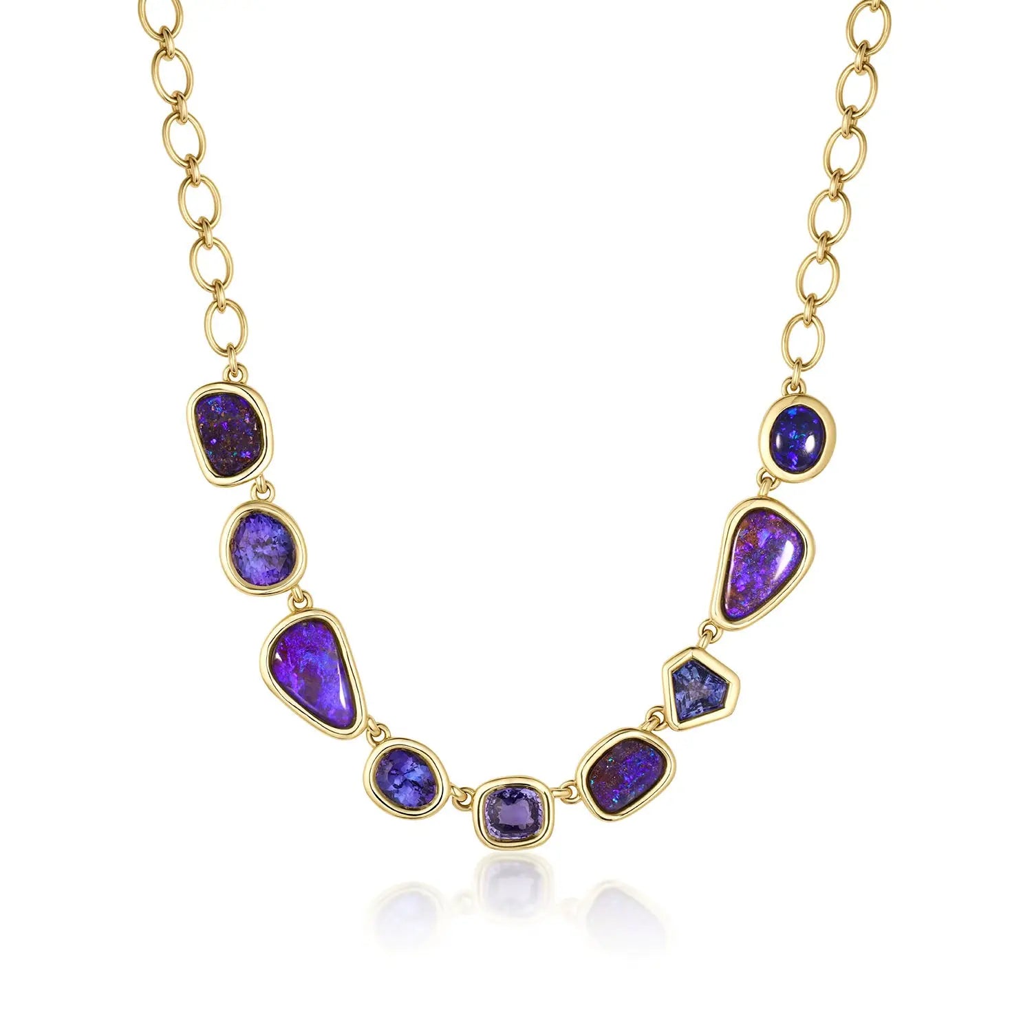 12.83tcw Boulder Opal, Black Opal, Tanzanite and Sapphire Necklace – bezel-set gemstone statement necklace in 14k yellow gold, by Marrow Fine