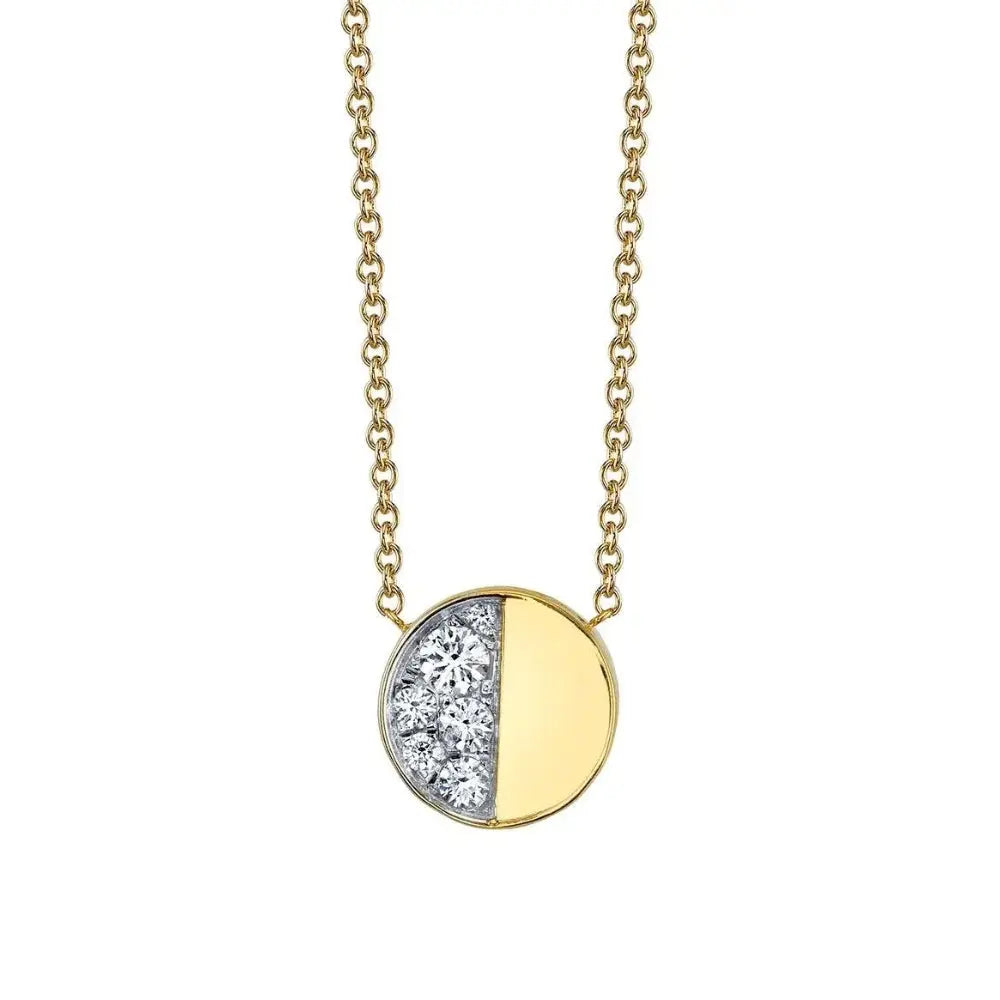 Marrow Fine Jewelry White Diamond Quarter Moon Phase Circle Pendant With Solid Gold Chain [Yellow Gold]