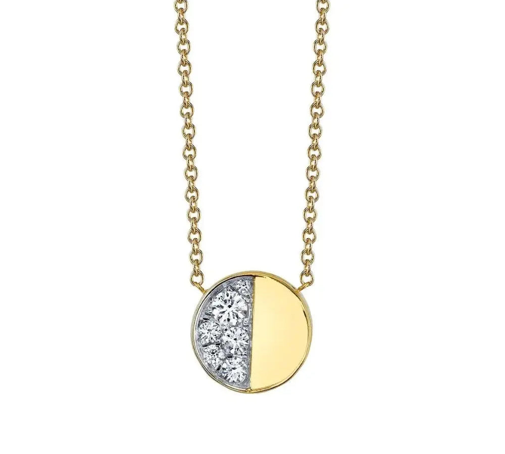 Marrow Fine Jewelry White Diamond Quarter Moon Phase Circle Pendant With Solid Gold Chain [Yellow Gold]