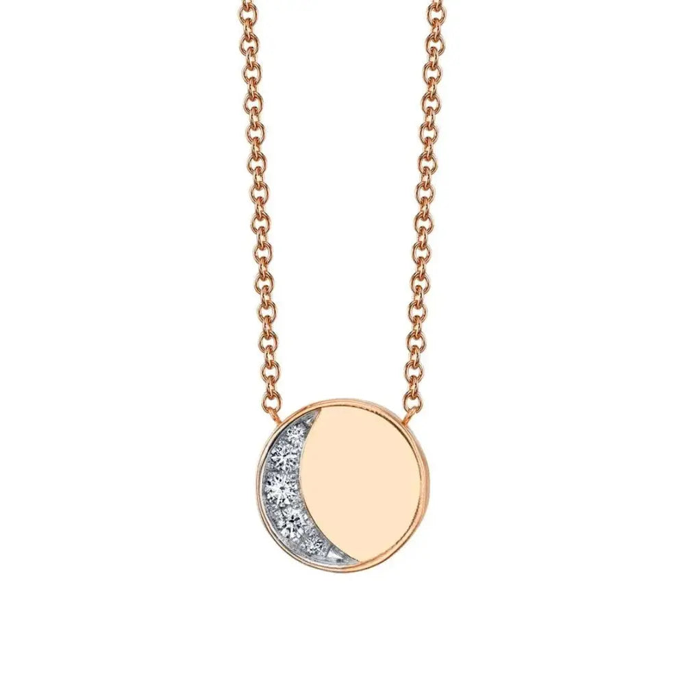 Marrow Fine Jewelry White Diamond Crescent Moon Phase Circle Pendant With Solid Gold Chain [Rose Gold]