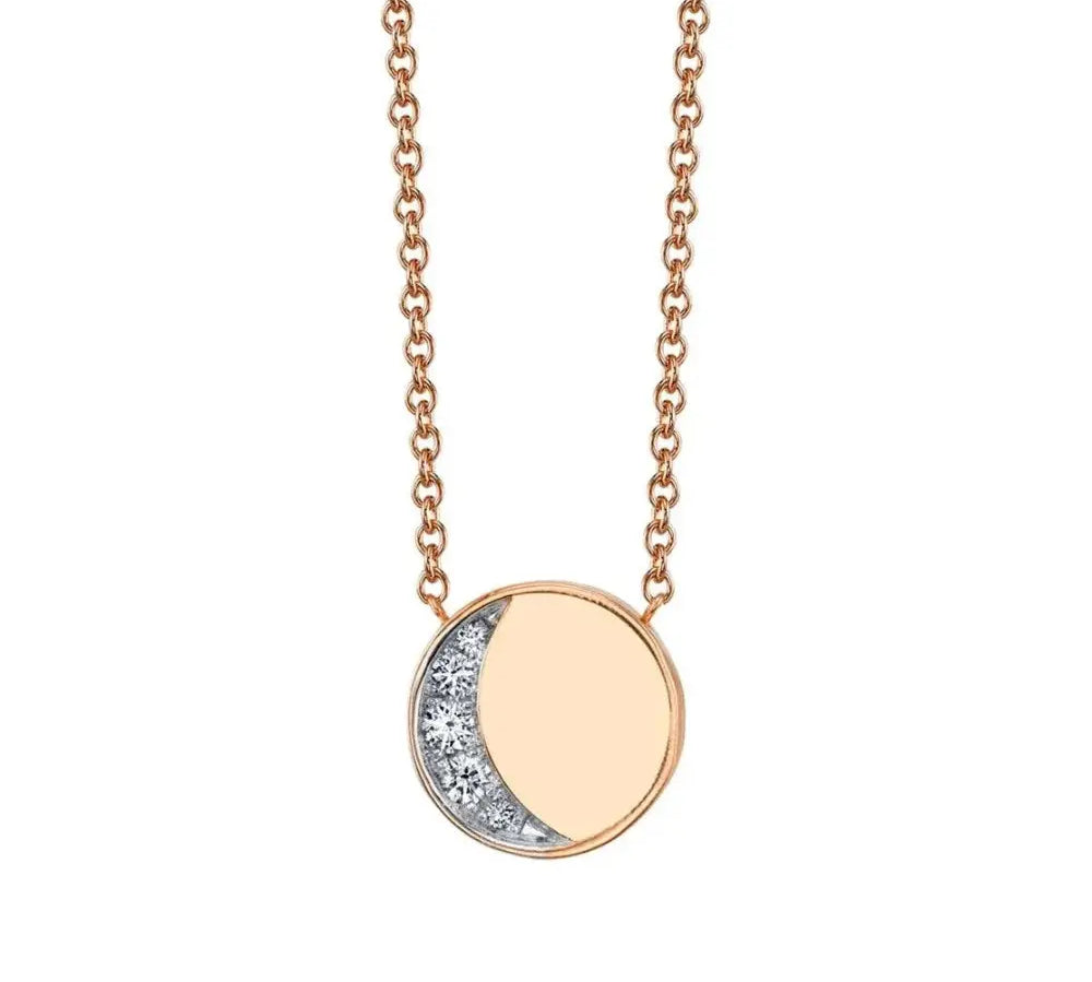 Marrow Fine Jewelry White Diamond Crescent Moon Phase Circle Pendant With Solid Gold Chain [Rose Gold]