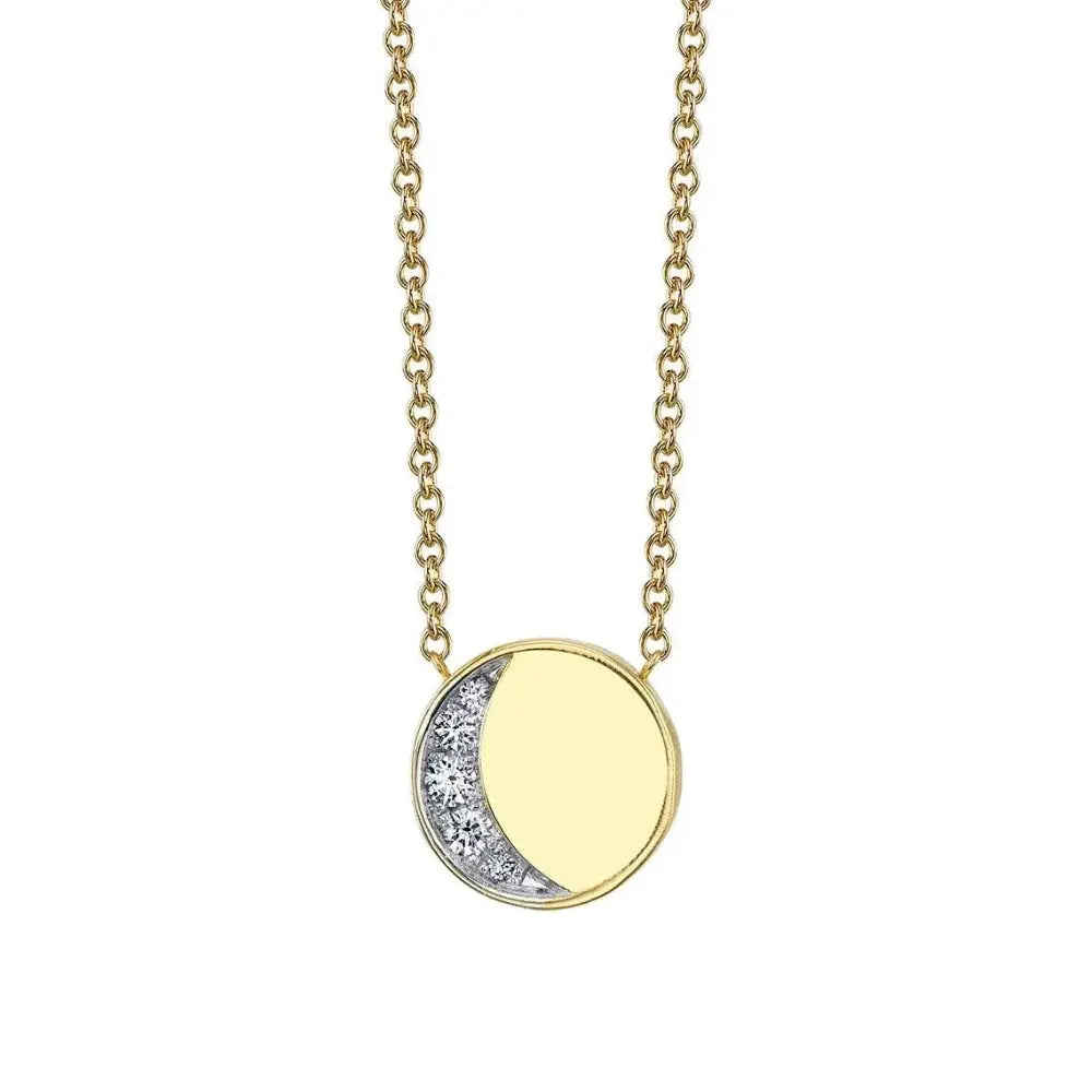 Marrow Fine Jewelry White Diamond Crescent Moon Phase Circle Pendant With Solid Gold Chain [Yellow Gold]