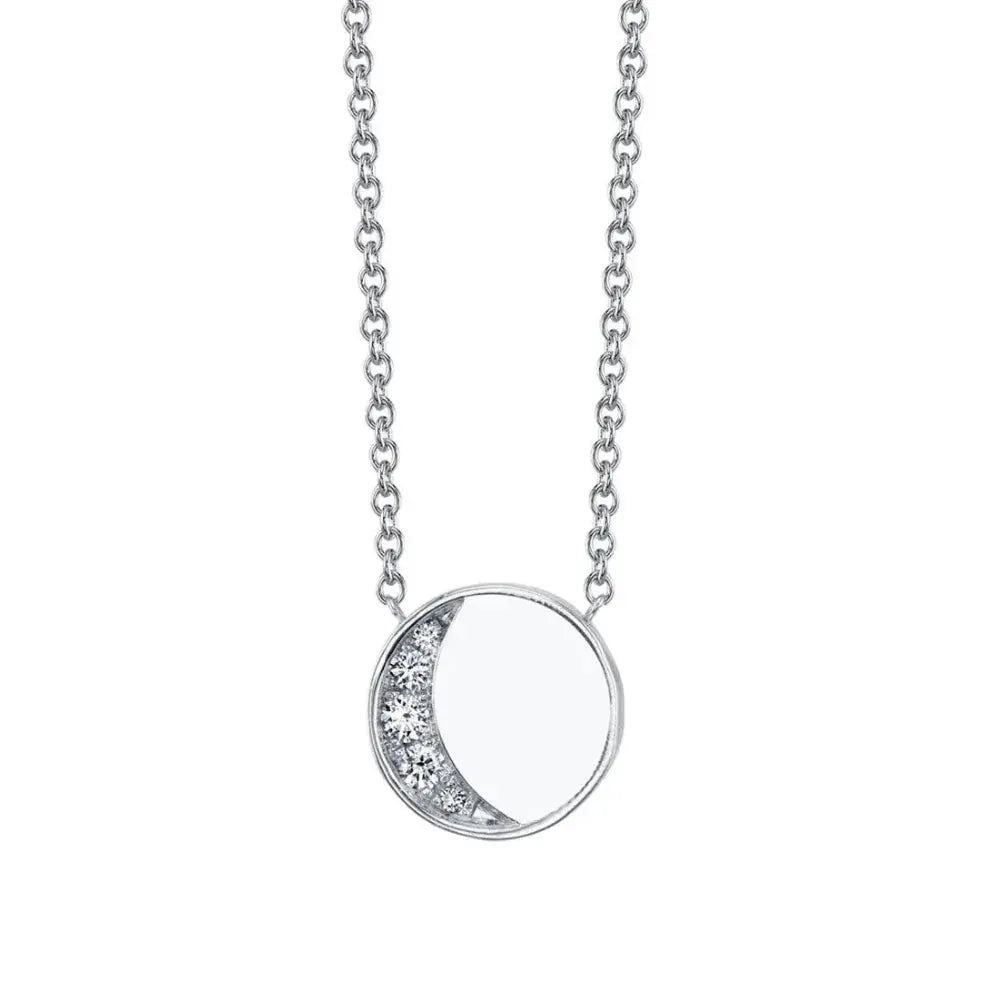 Marrow Fine Jewelry White Diamond Crescent Moon Phase Circle Pendant With Solid Gold Chain [White Gold]