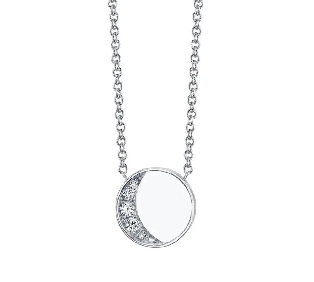Marrow Fine Jewelry White Diamond Crescent Moon Phase Circle Pendant With Solid Gold Chain [White Gold]