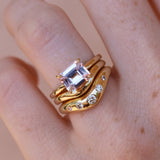2.33ct Blushy Lavendar Sapphire EW Annette ring stacked with gold bands