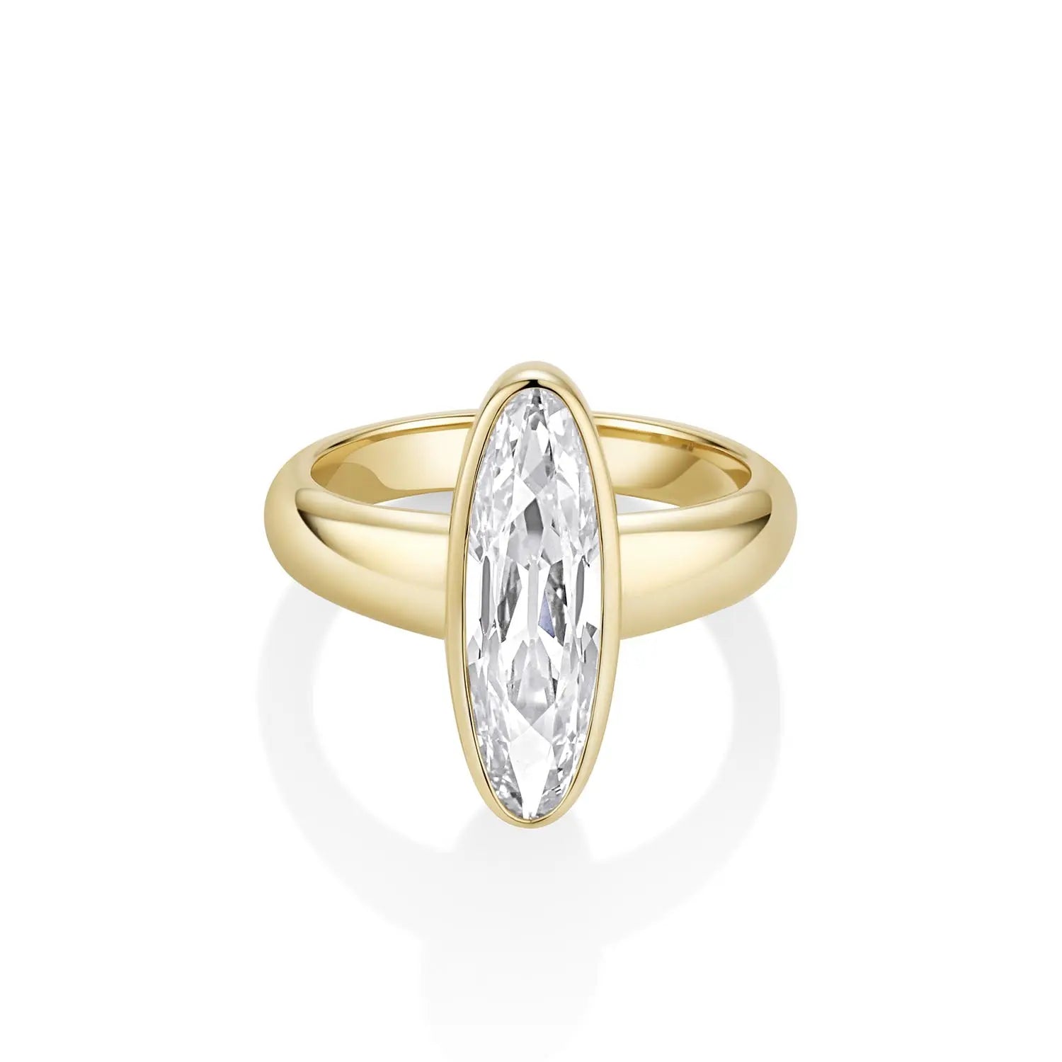 2.52ct Old Mine Lab-Created Moval Diamond Ring – elongated moval diamond in a 14k yellow gold bezel, by Marrow Fine