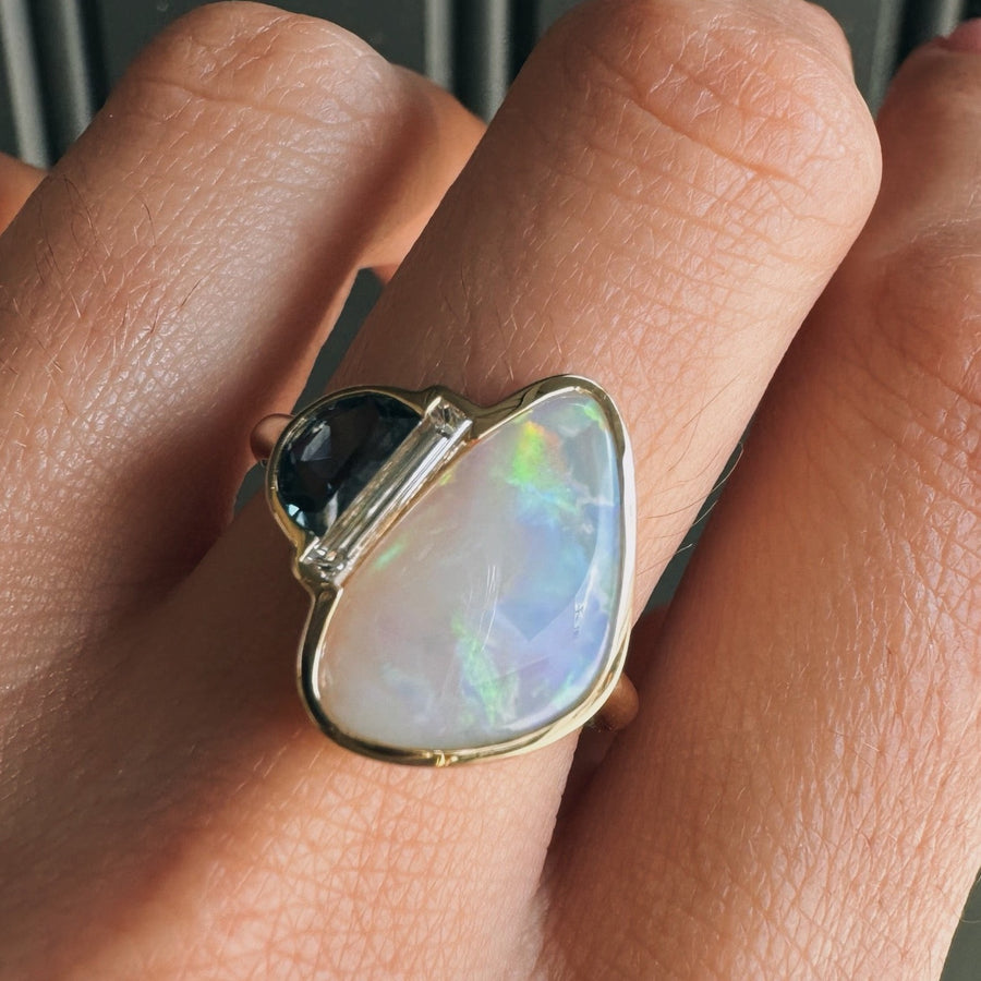 2.75ct Opal, Diamond and Montana Sapphire Bezel Ring