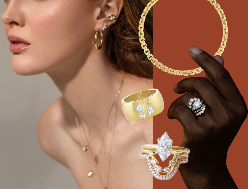 Collage of jewelry trends, including rings, hand and close up model wearing Marrow Fine jewelry